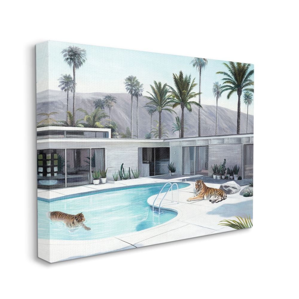 Stupell Industries Tiger Summer Swimming Pool Modern House Palm Trees Canvas Wall Art Design by Urban Road, 30" x 40"