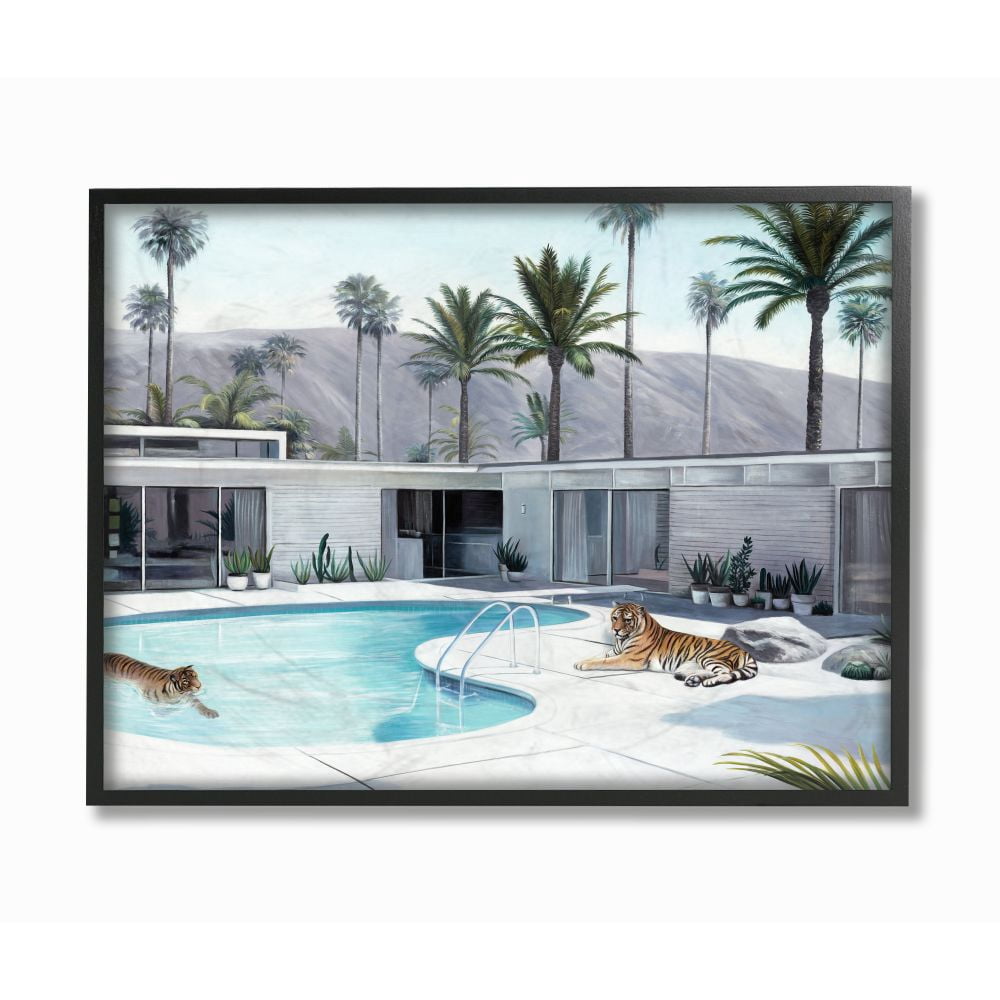 Stupell Industries Tiger Summer Swimming Pool Modern House Palm Trees Framed Wall Art Design by Urban Road, 11" x 14", Black Framed