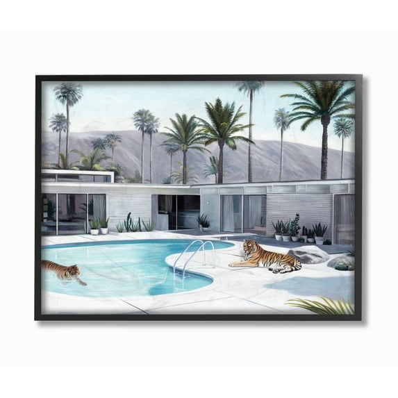 Stupell Industries Tiger Summer Swimming Pool Modern House Palm Trees Framed Wall Art Design by Urban Road, 16" x 20", Black Framed