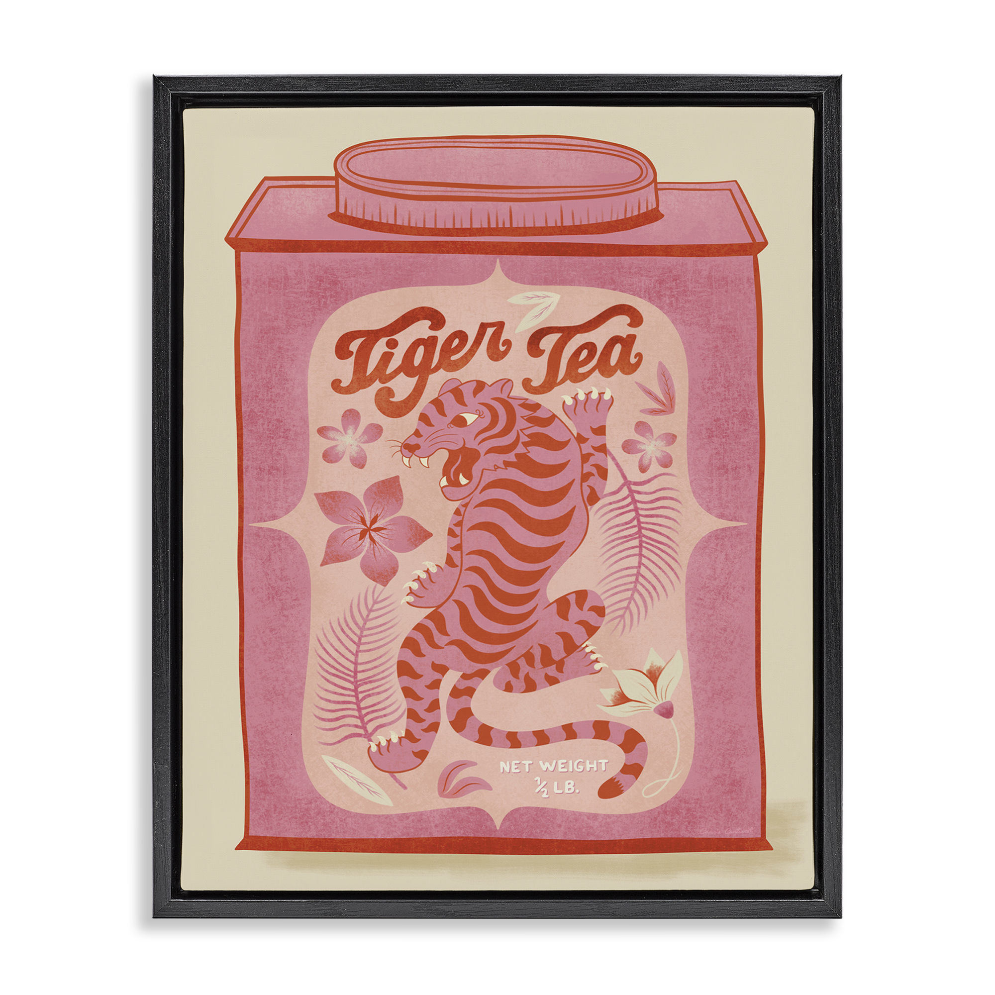 Stupell Industries Tiger Tea Tropical Tin Food & Beverage Painting Black Floater Framed Canvas Art Print Wall Art, 17 x 21