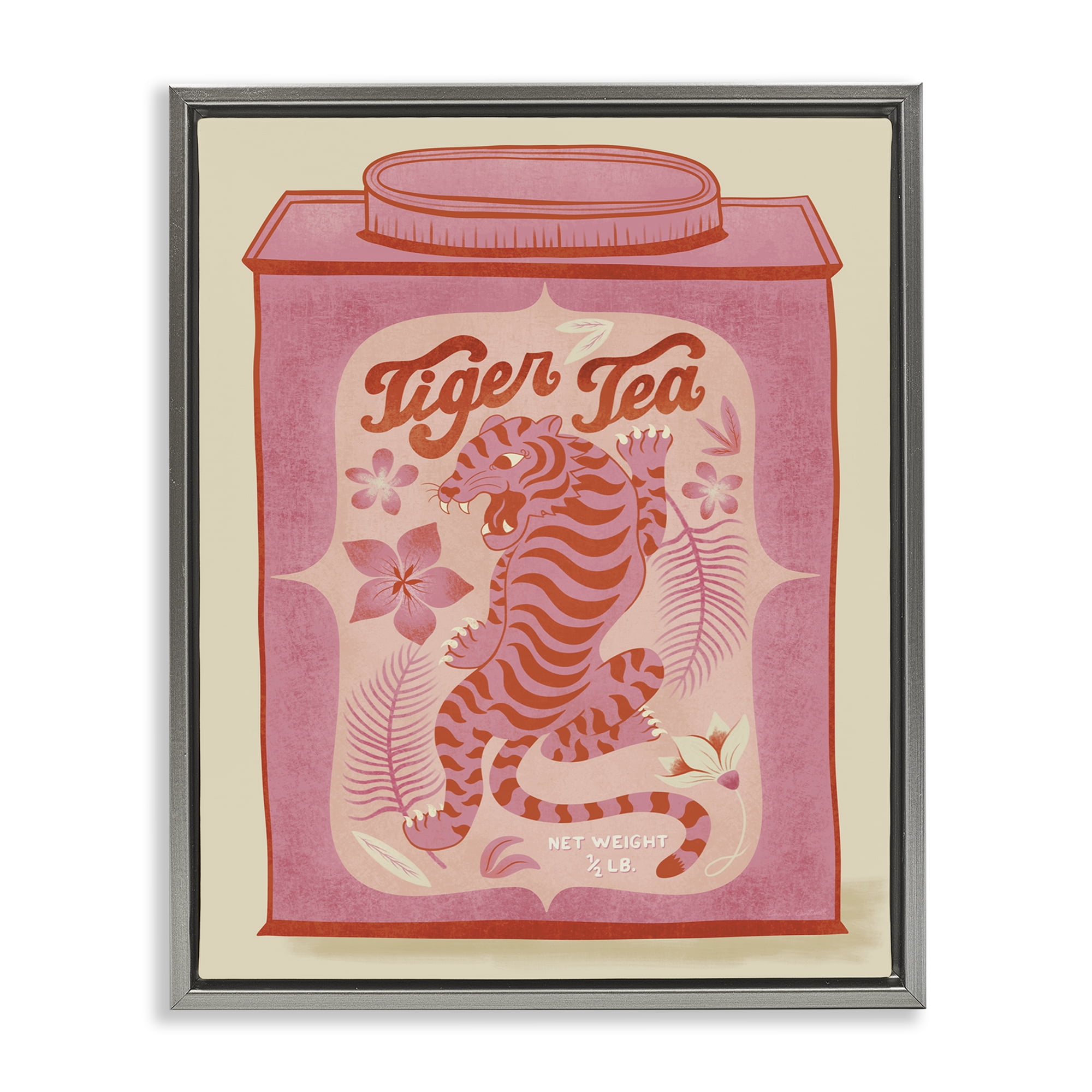 Stupell Industries Tiger Tea Tropical Tin Food & Beverage Painting Gray Floater Framed Canvas Art Print Wall Art, 17 x 21
