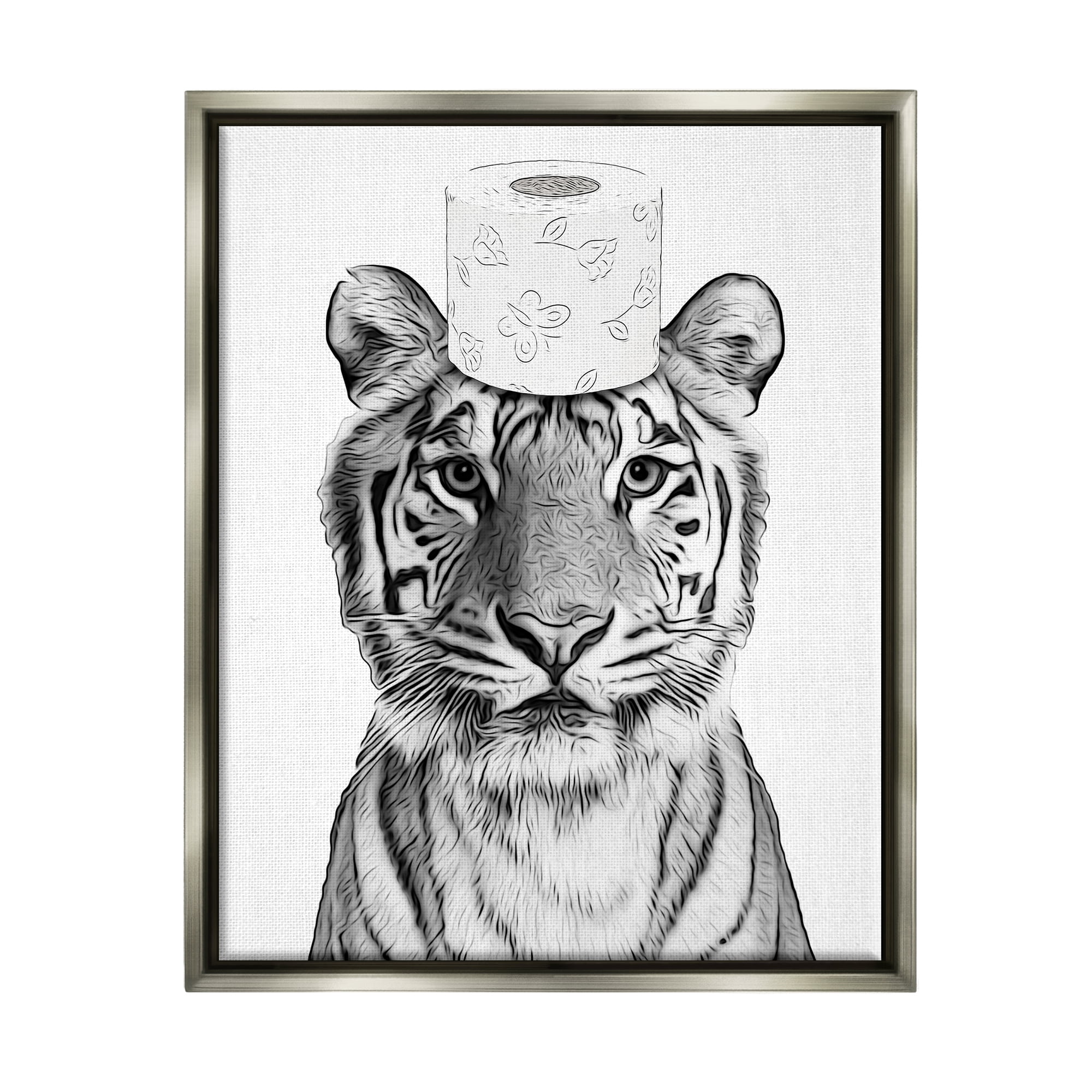 Stupell Industries Tiger Toilet Paper Bathroom Animals & Insects Painting Gray Floater Framed Art Print Wall Art