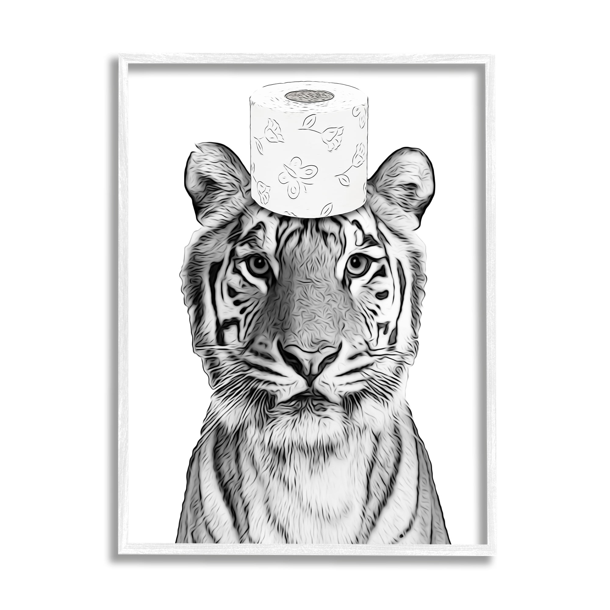 Stupell Industries Tiger Toilet Paper Bathroom Animals & Insects Painting White Framed Art Print Wall Art