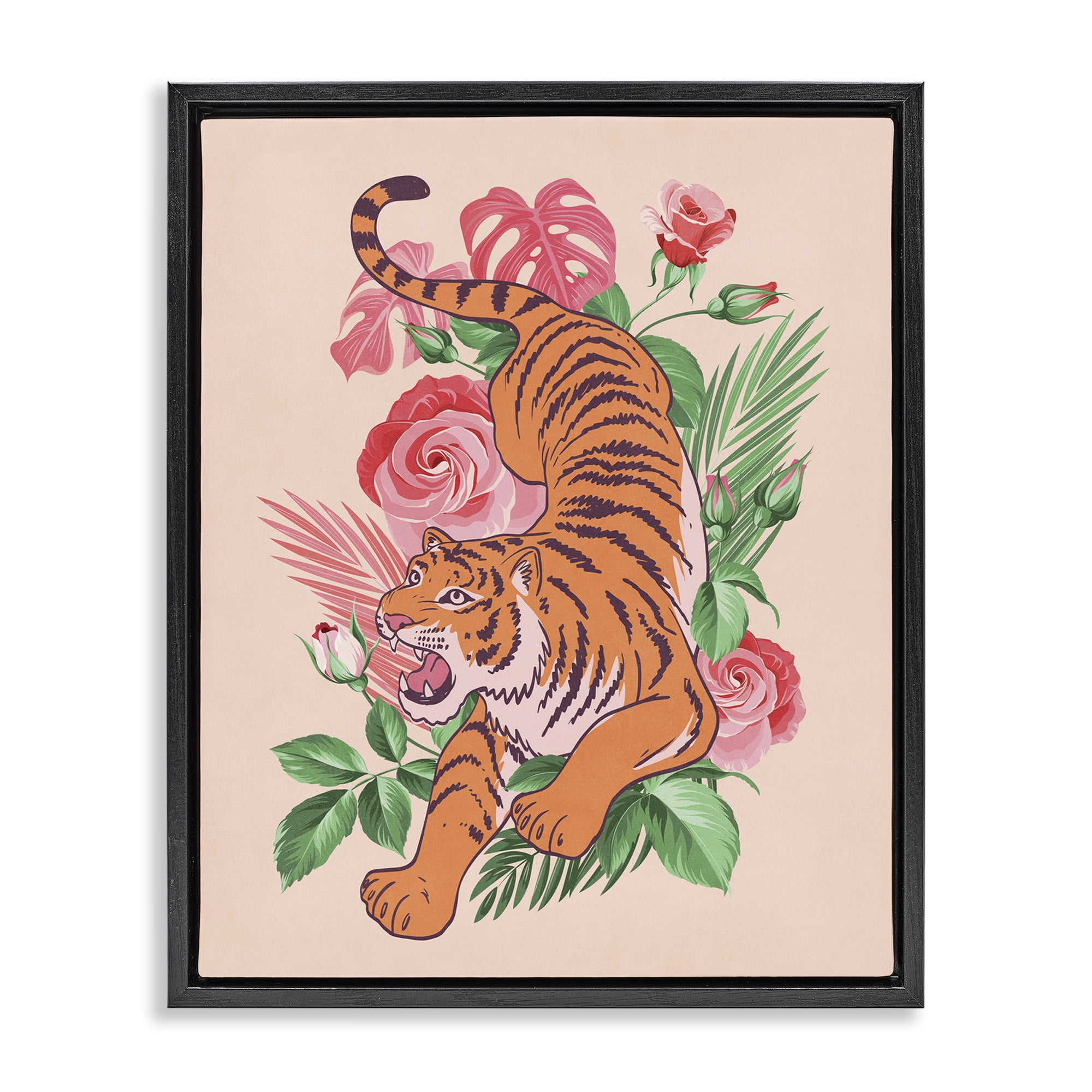 Stupell Industries Tiger & Tropical Roses Animals Painting Black Floater Framed Canvas Art Print Wall Art, 17 x 21