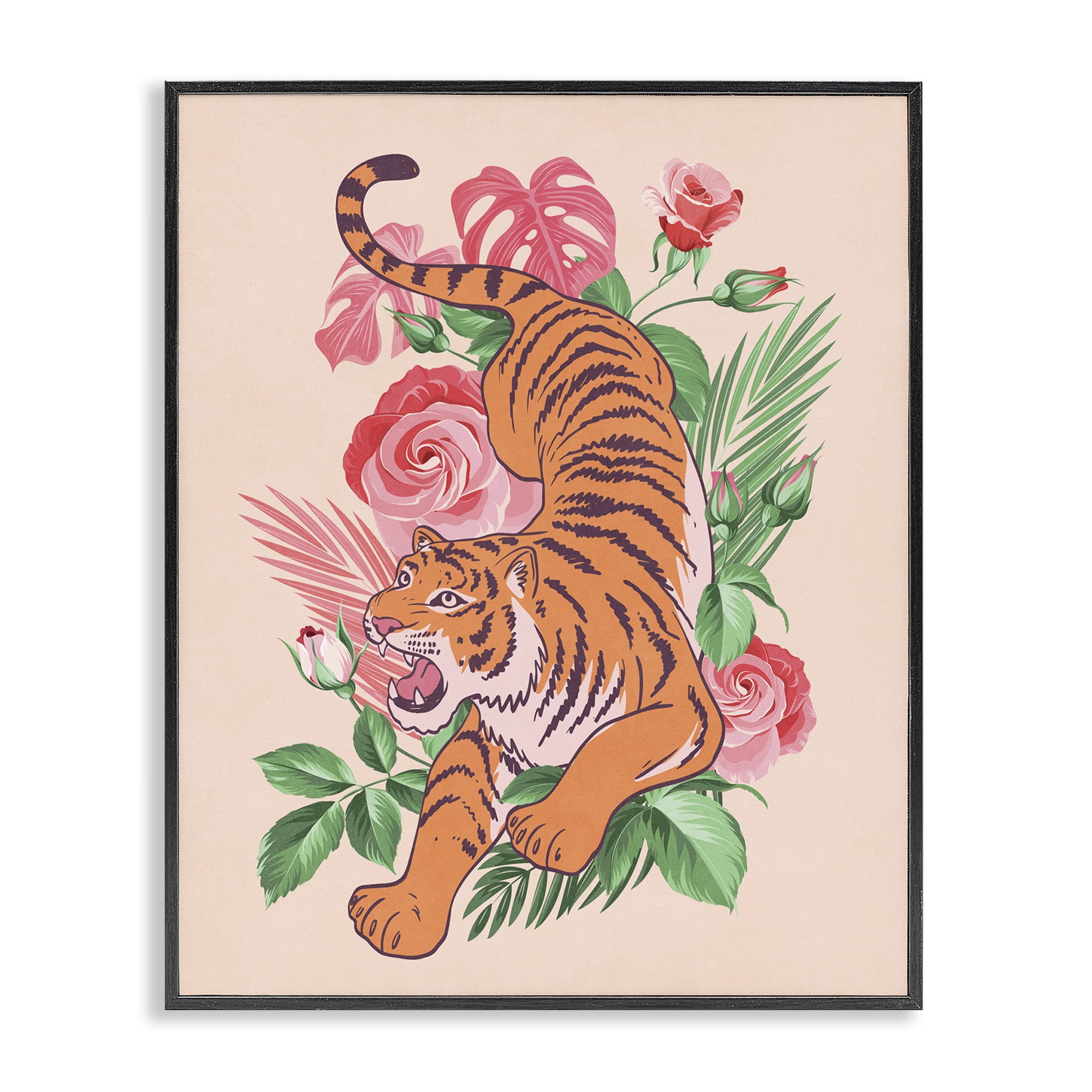 Stupell Industries Tiger & Tropical Roses Animals Painting Black Framed Art Print Wall Art, 24 x 30