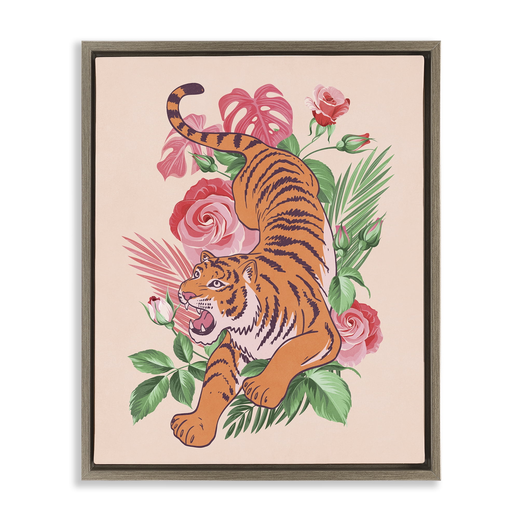 Stupell Industries Tiger & Tropical Roses Animals Painting Brown Floater Framed Canvas Art Print Wall Art, 25 x 31