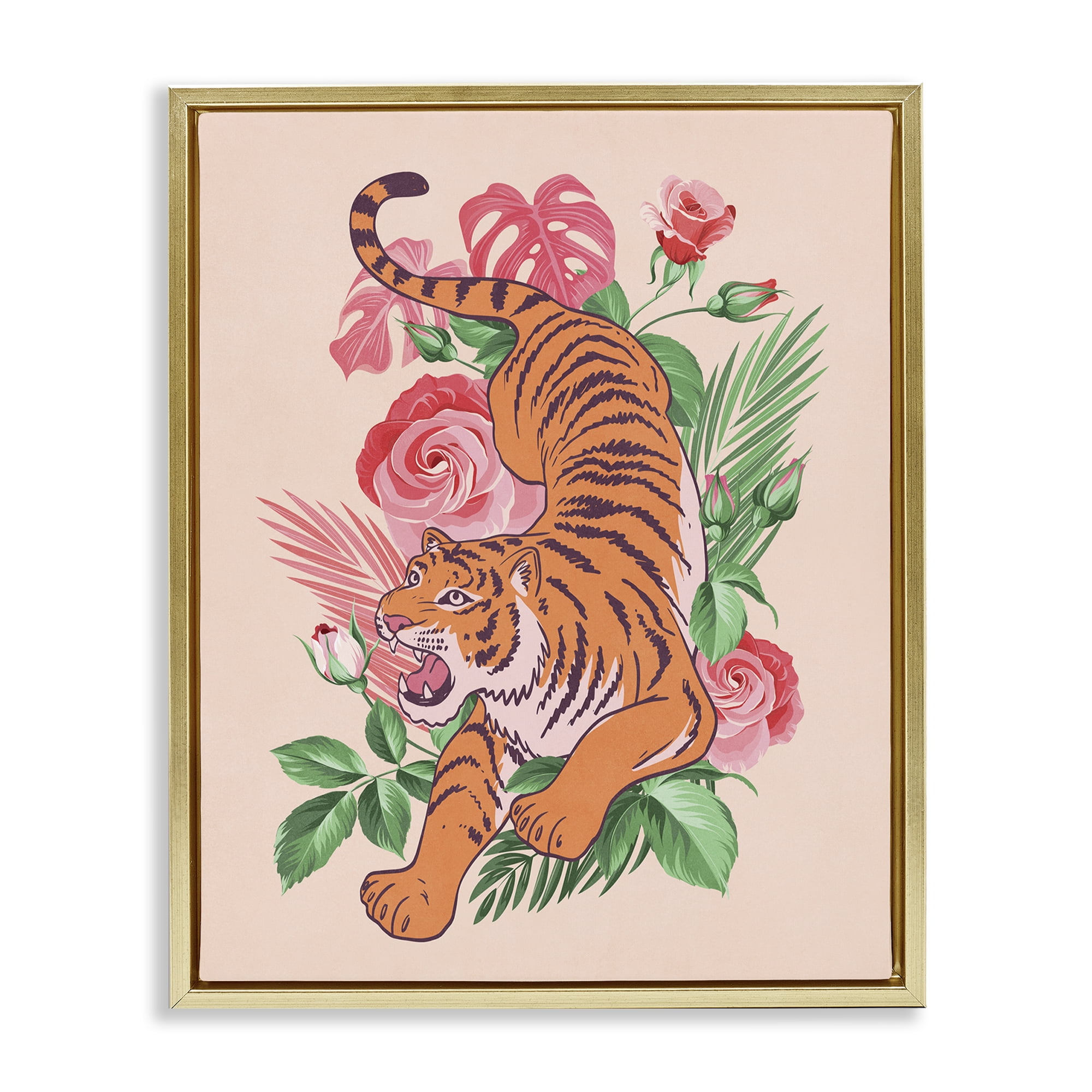 Stupell Industries Tiger & Tropical Roses Animals Painting Gold Floater Framed Canvas Art Print Wall Art, 25 x 31