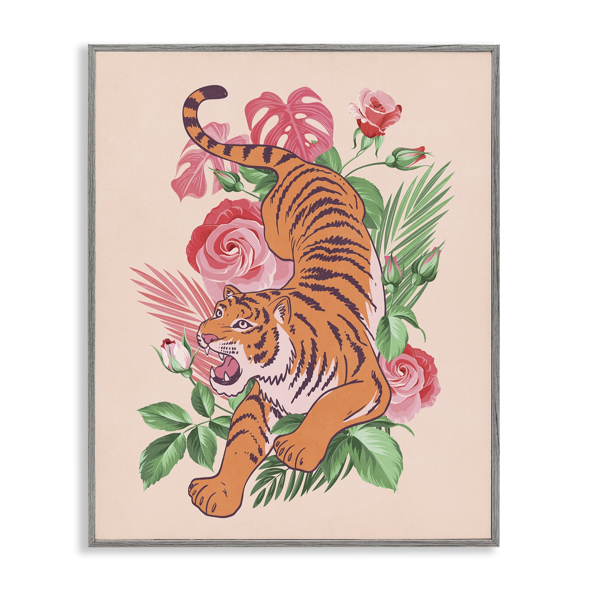 Stupell Industries Tiger & Tropical Roses Animals Painting Gray Framed Art Print Wall Art, 11 x 14