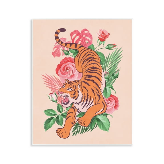 Stupell Industries Tiger & Tropical Roses Animals Painting Unframed Art Print Wall Art, 11 x 14
