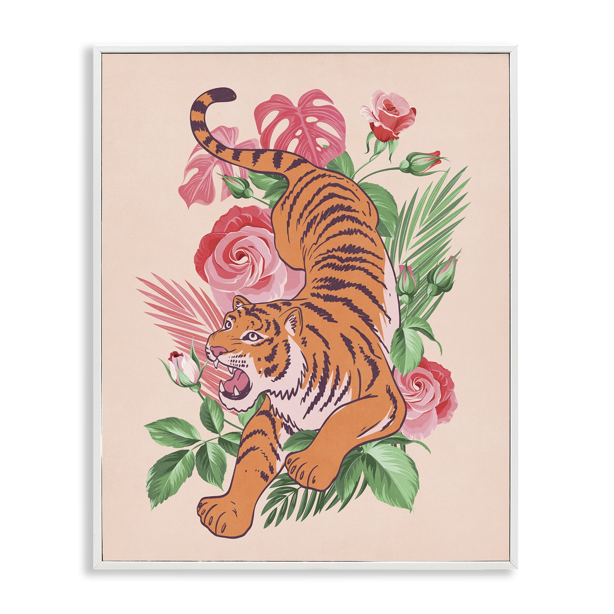 Stupell Industries Tiger & Tropical Roses Animals Painting White Framed Art Print Wall Art, 11 x 14