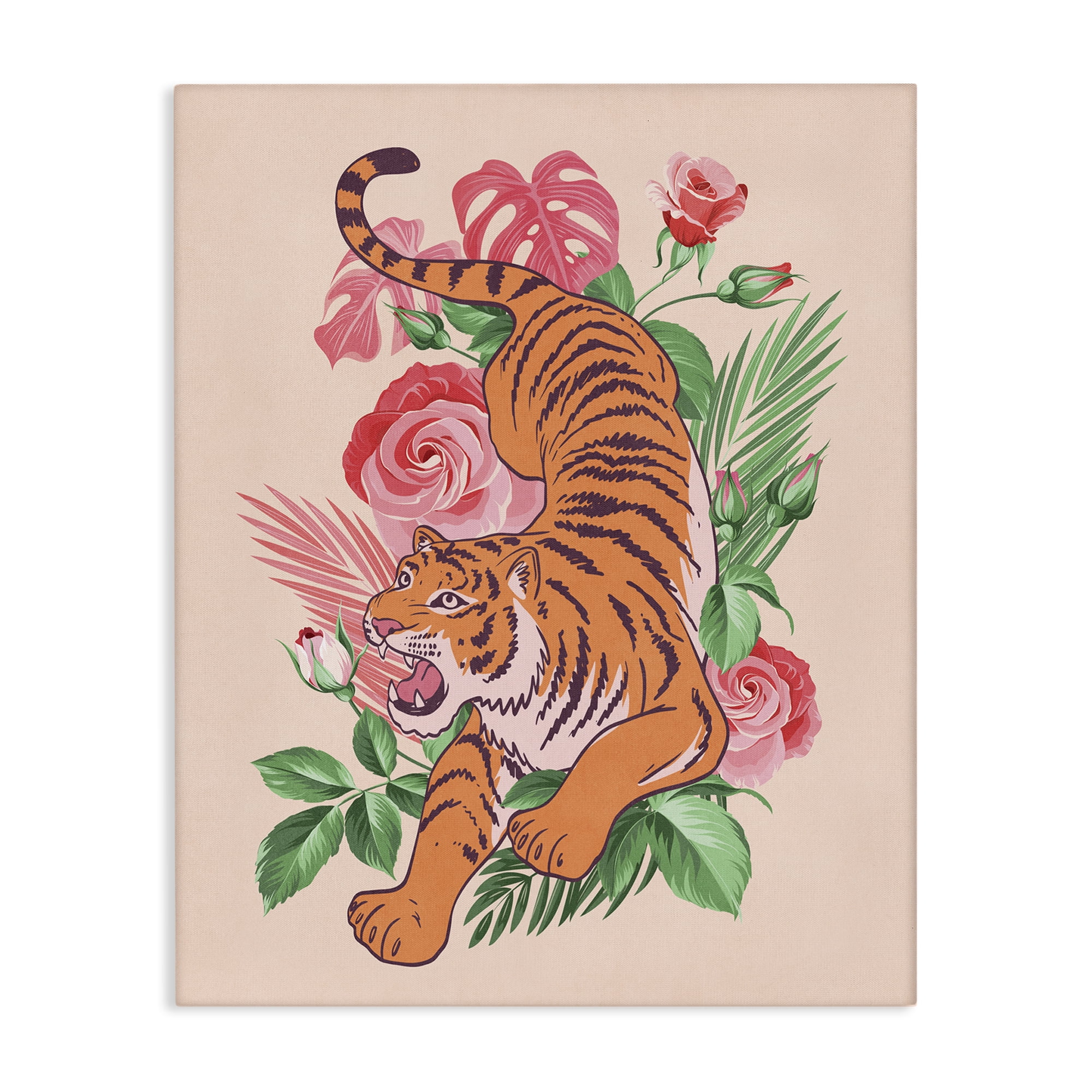 Stupell Industries Tiger & Tropical Roses Animals Painting Wrapped Canvas Art Print Wall Art, 30 x 40