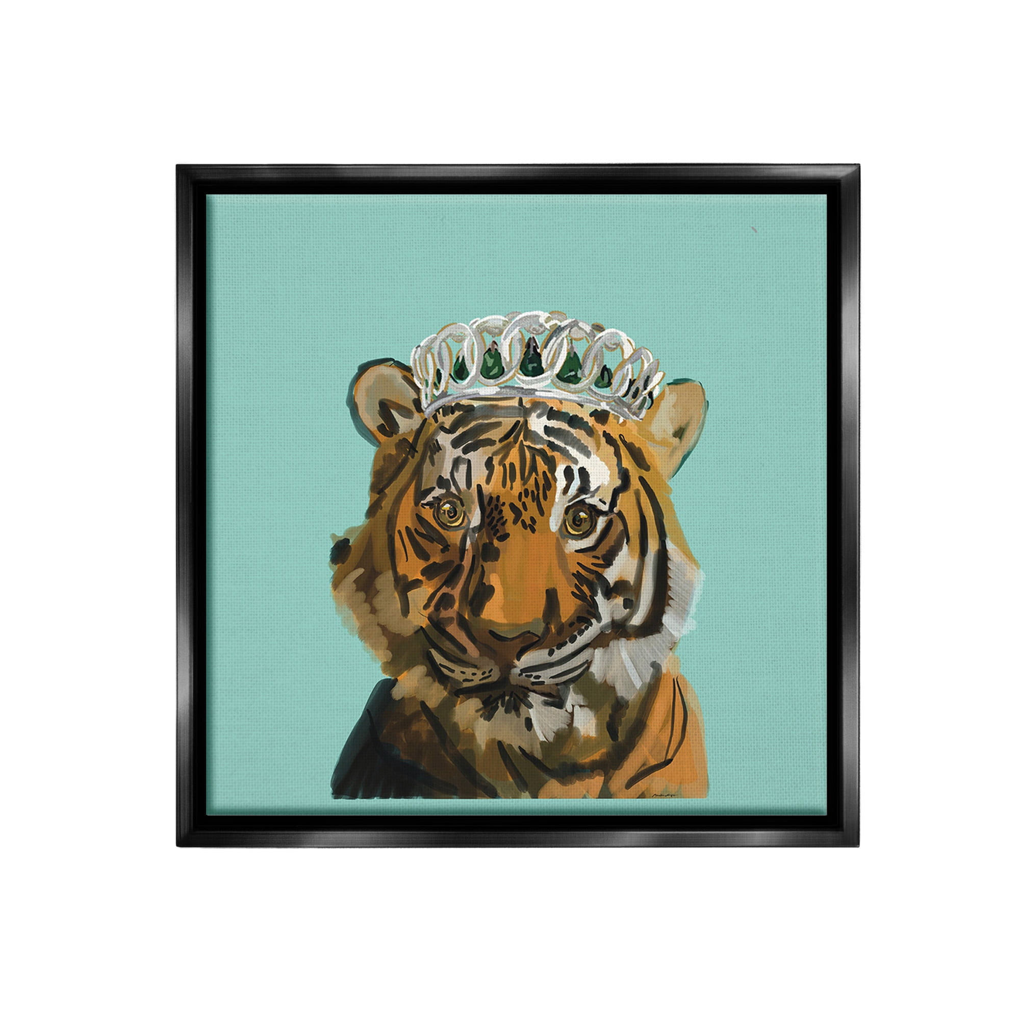 Stupell Industries Tiger Wearing Crown Animals & Insects Painting Black Floater Framed Canvas Art Print Wall Art, 25 x 25