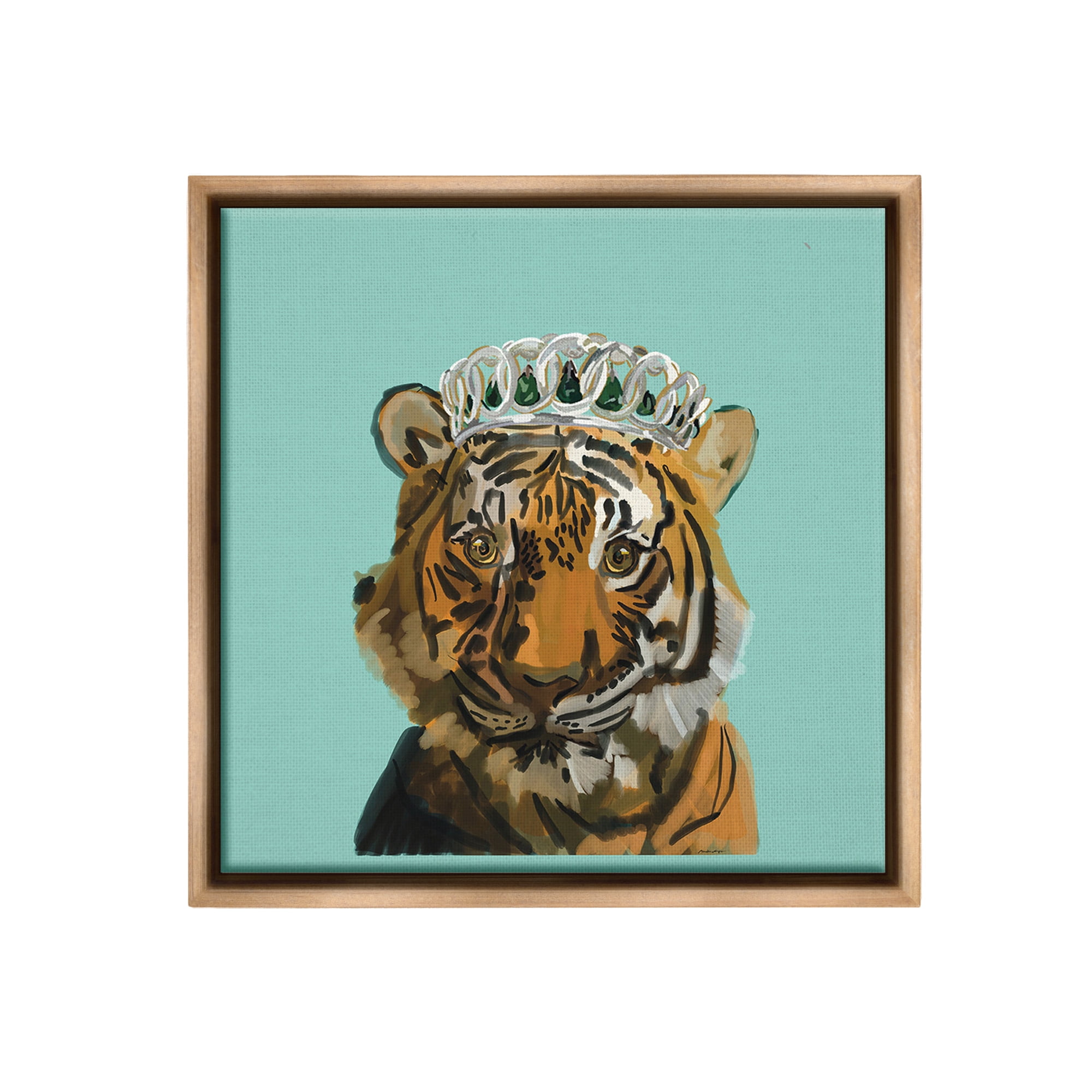 Stupell Industries Tiger Wearing Crown Animals & Insects Painting Brown Floater Framed Canvas Art Print Wall Art, 25 x 25