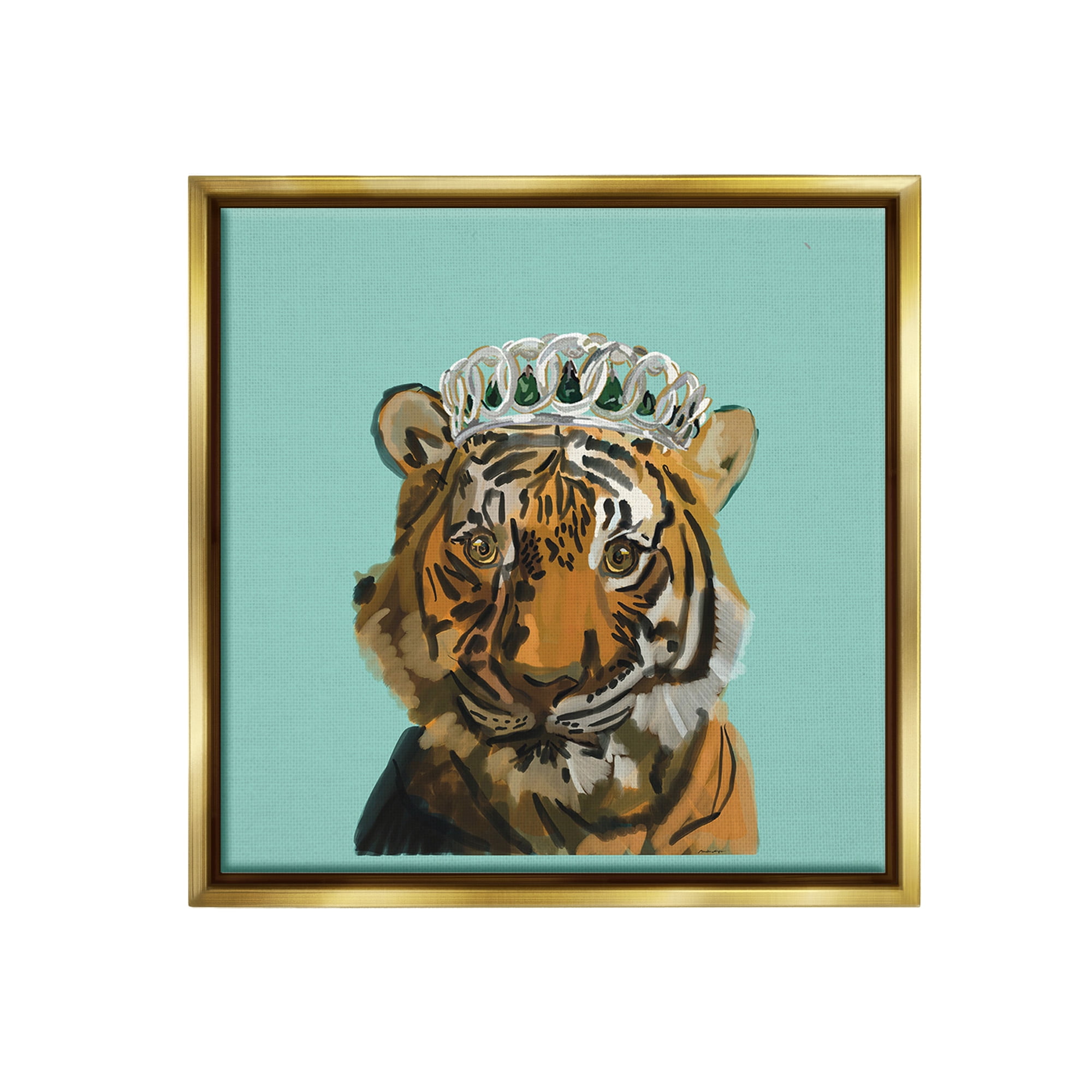 Stupell Industries Tiger Wearing Crown Animals & Insects Painting Gold Floater Framed Canvas Art Print Wall Art, 18 x 18