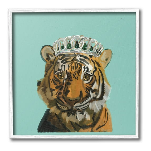 Stupell Industries Tiger Wearing Crown Animals & Insects Painting White Framed Art Print Wall Art, 24 x 24