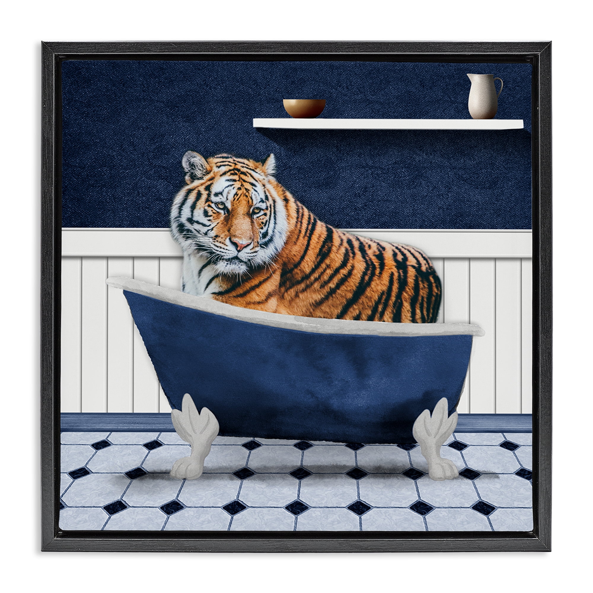 Stupell Industries Tiger in Blue Bathroom Bath & Laundry Painting Black Floater Framed Canvas Art Print Wall Art, 25 x 25