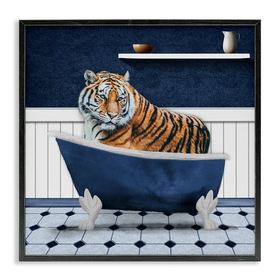 Stupell Industries Tiger in Blue Bathroom Bath & Laundry Painting Black Framed Art Print Wall Art, 12 x 12