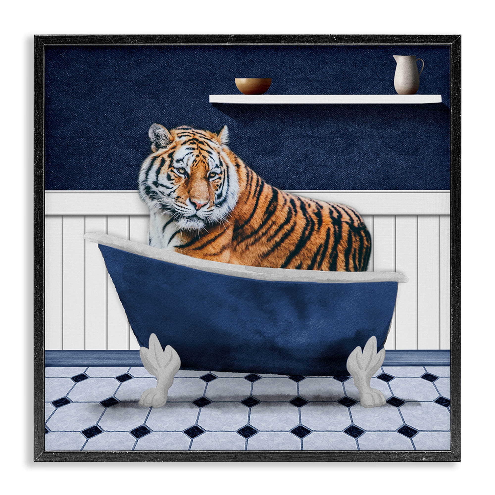 Stupell Industries Tiger in Blue Bathroom Bath & Laundry Painting Black Framed Art Print Wall Art, 17 x 17