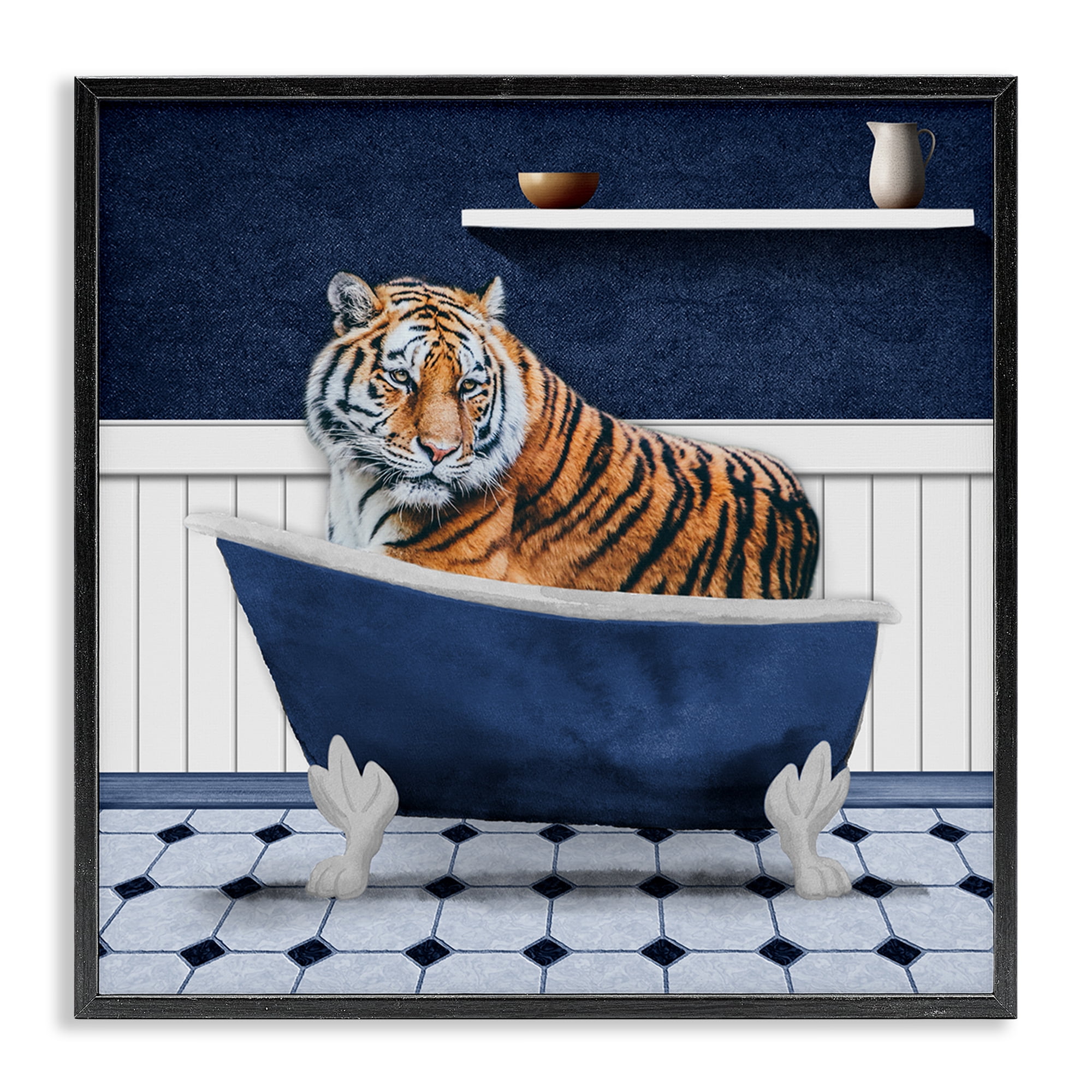 Stupell Industries Tiger in Blue Bathroom Bath & Laundry Painting Black Framed Art Print Wall Art, 24 x 24