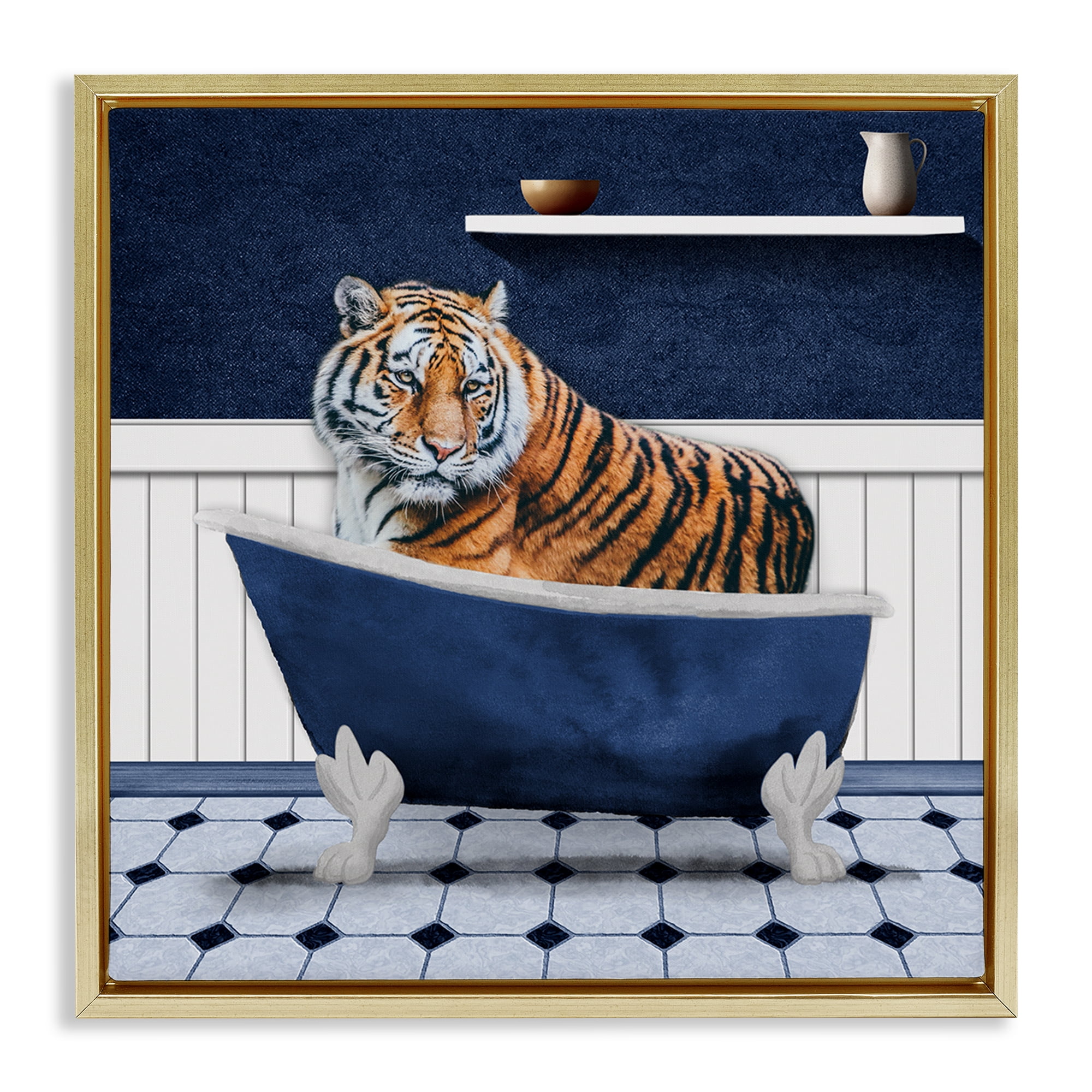 Stupell Industries Tiger in Blue Bathroom Bath & Laundry Painting Gold Floater Framed Canvas Art Print Wall Art, 25 x 25