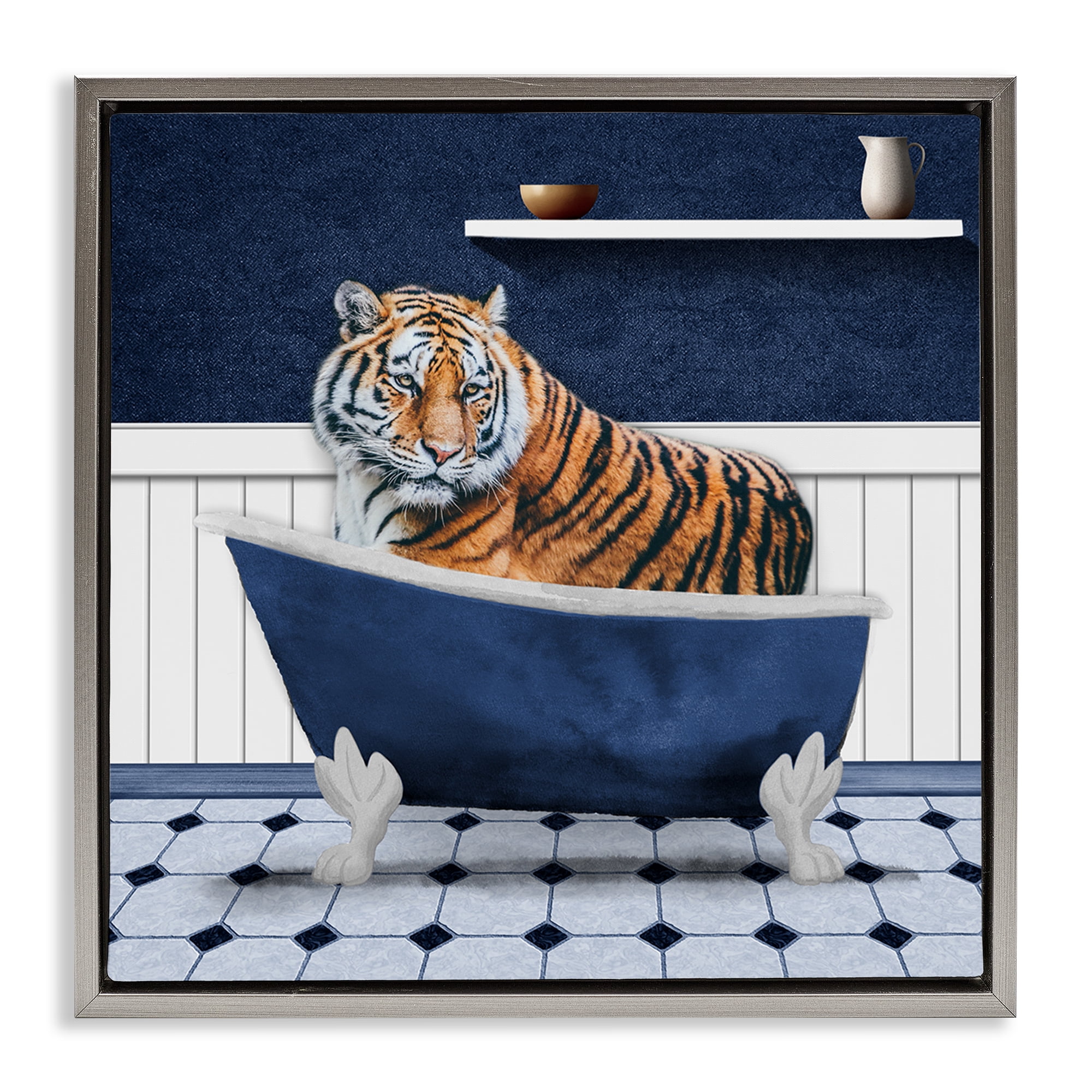 Stupell Industries Tiger in Blue Bathroom Bath & Laundry Painting Gray Floater Framed Canvas Art Print Wall Art, 25 x 25