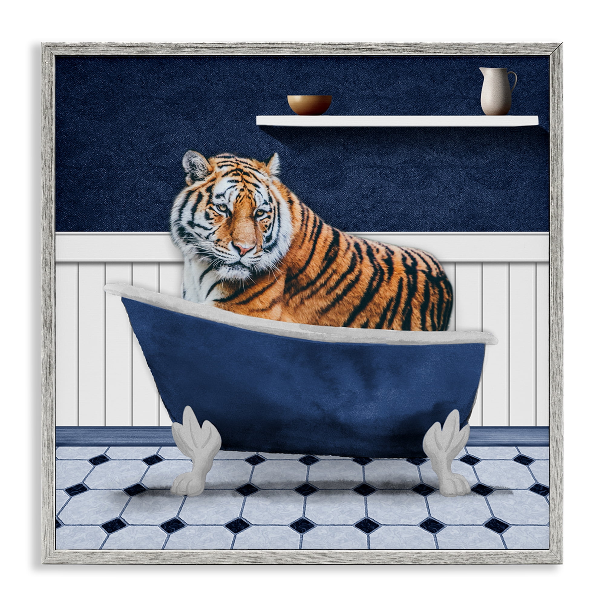 Stupell Industries Tiger in Blue Bathroom Bath & Laundry Painting Gray Framed Art Print Wall Art, 12 x 12