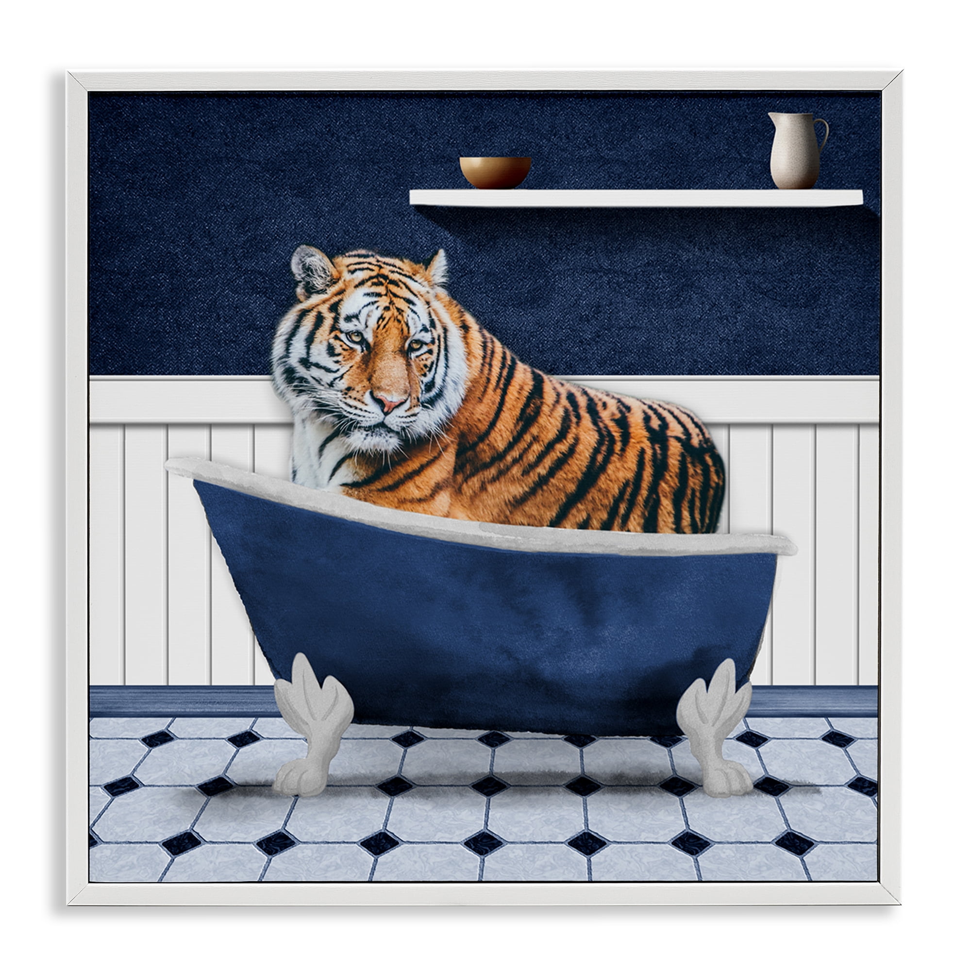 Stupell Industries Tiger in Blue Bathroom Bath & Laundry Painting White Framed Art Print Wall Art, 12 x 12
