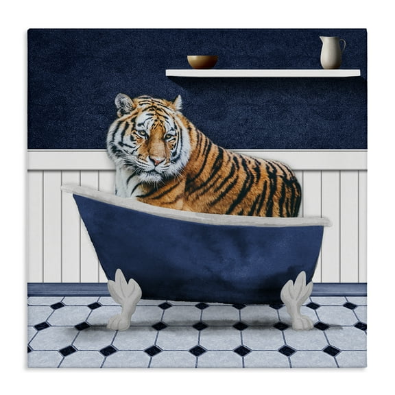Stupell Industries Tiger in Blue Bathroom Bath & Laundry Painting Wrapped Canvas Art Print Wall Art, 17 x 17