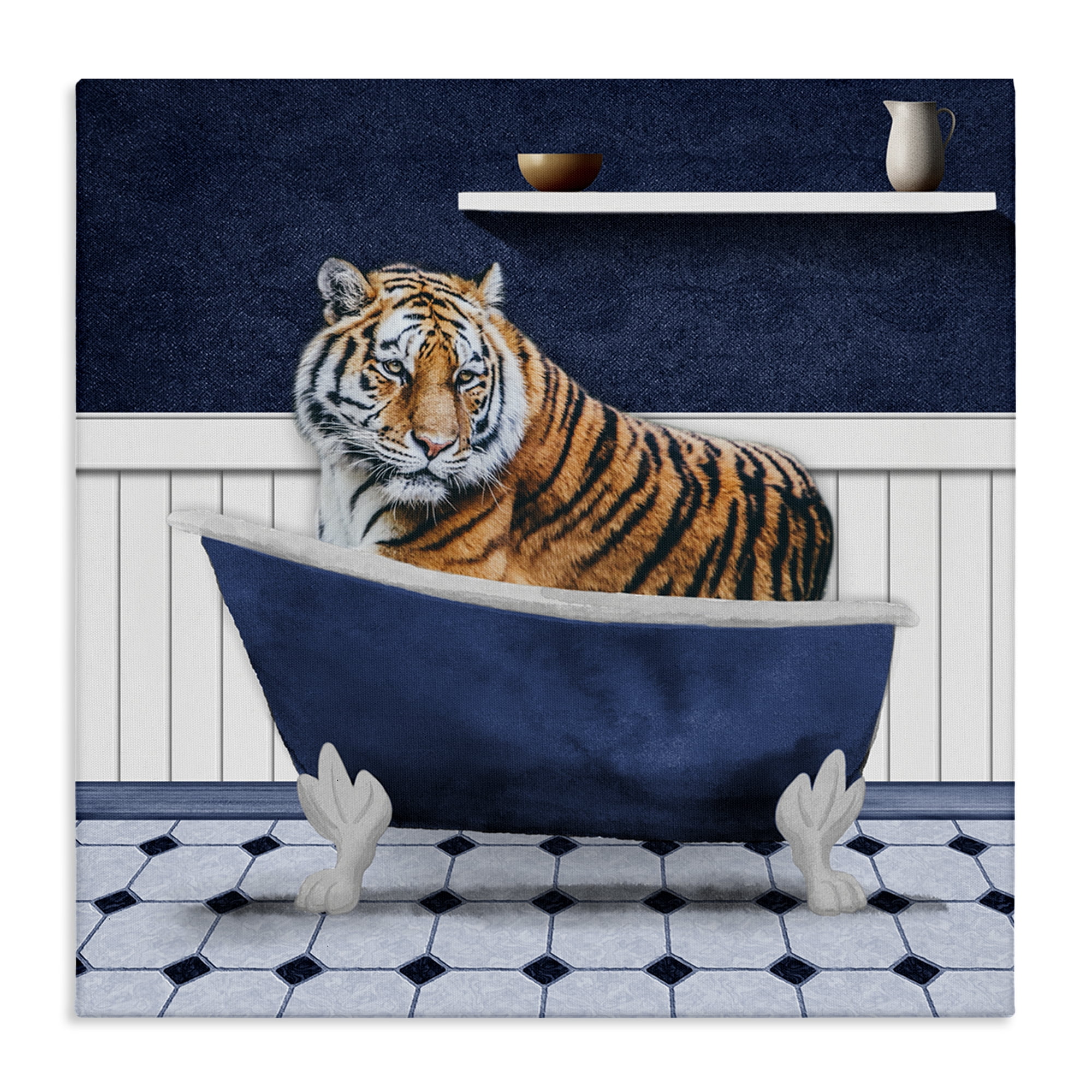 Stupell Industries Tiger in Blue Bathroom Bath & Laundry Painting Wrapped Canvas Art Print Wall Art, 30 x 30