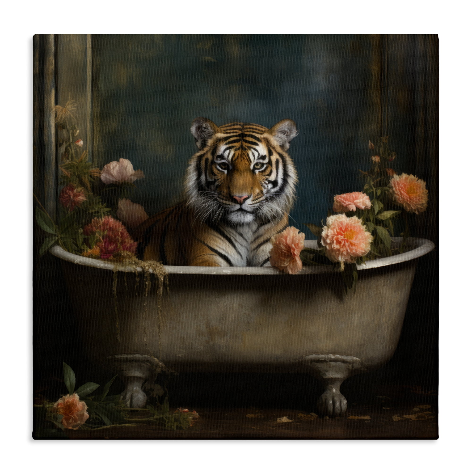 Tiger in Floral Bathtub Canvas Art, 17 x 17