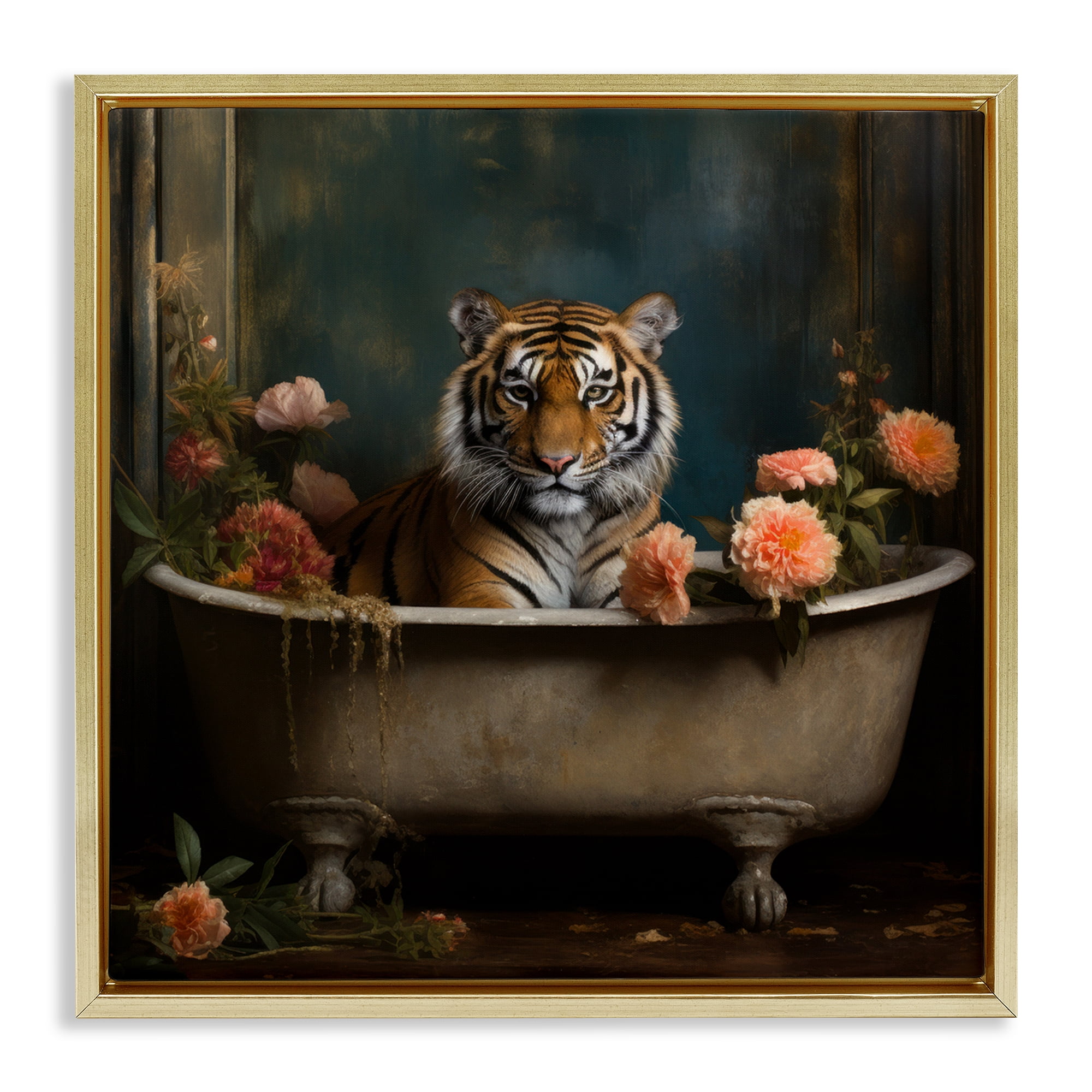 Tiger in Floral Bathtub Gold Floating Frame Canvas Art, 25 x 25