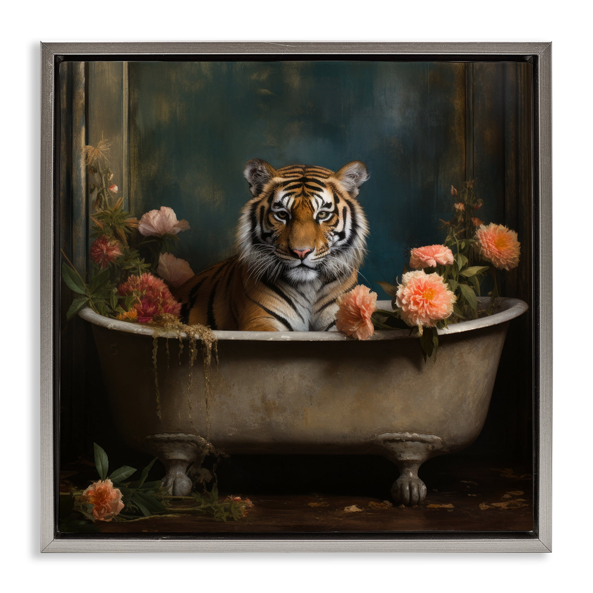 Tiger in Floral Bathtub Gray Floating Frame Canvas Art, 18 x 18