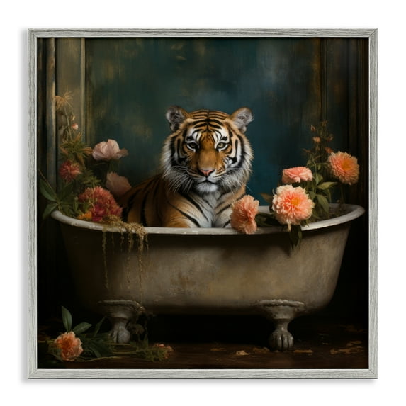 Tiger in Floral Bathtub Gray Framed Giclee Art, 24 x 24, Made In USA