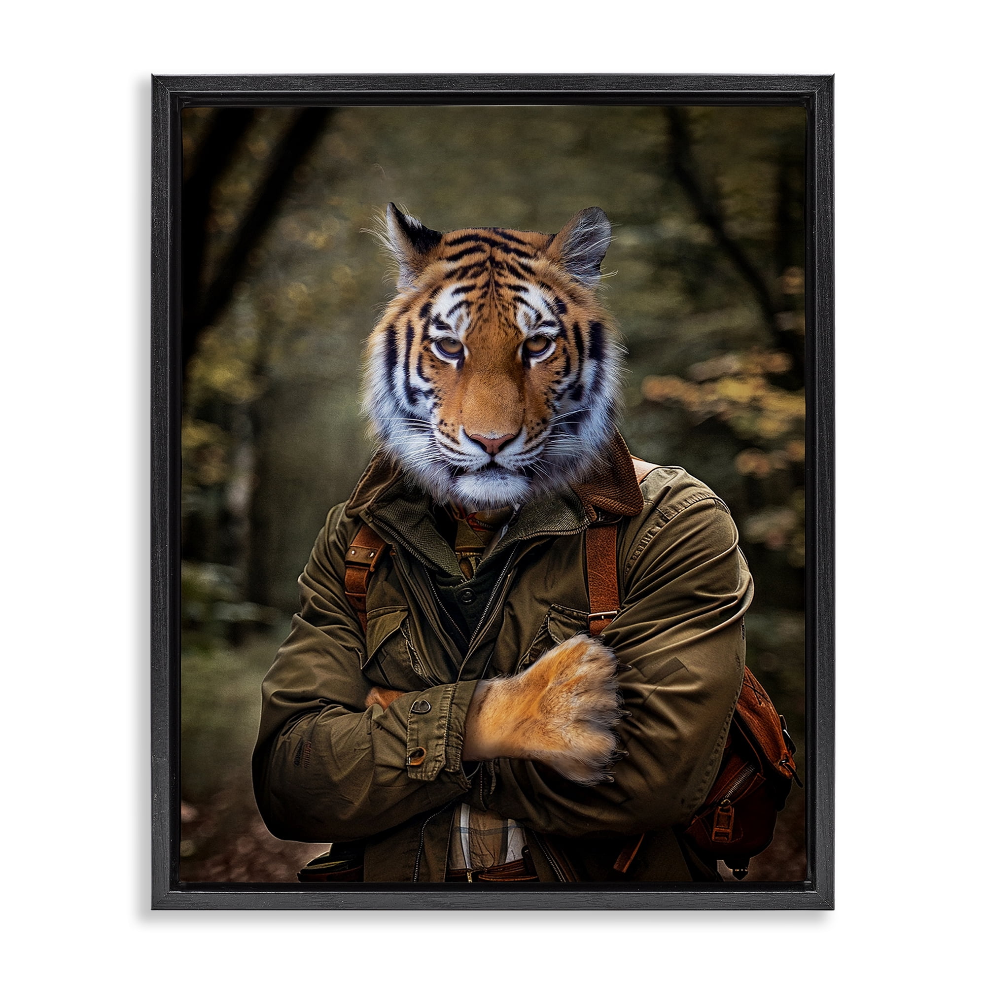 Stupell Industries Tiger in Hiking Attire Animals & Insects Painting Black Floater Framed Canvas Art Print Wall Art, 25 x 31
