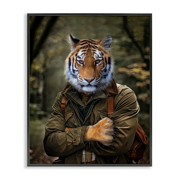 Stupell Industries Tiger in Hiking Attire Animals & Insects Painting Black Framed Art Print Wall Art, 11 x 14