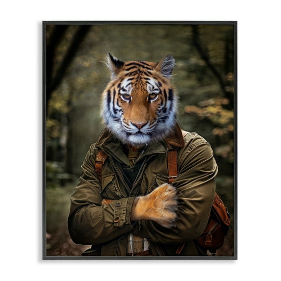 Stupell Industries Tiger in Hiking Attire Animals & Insects Painting Black Framed Art Print Wall Art, 11 x 14