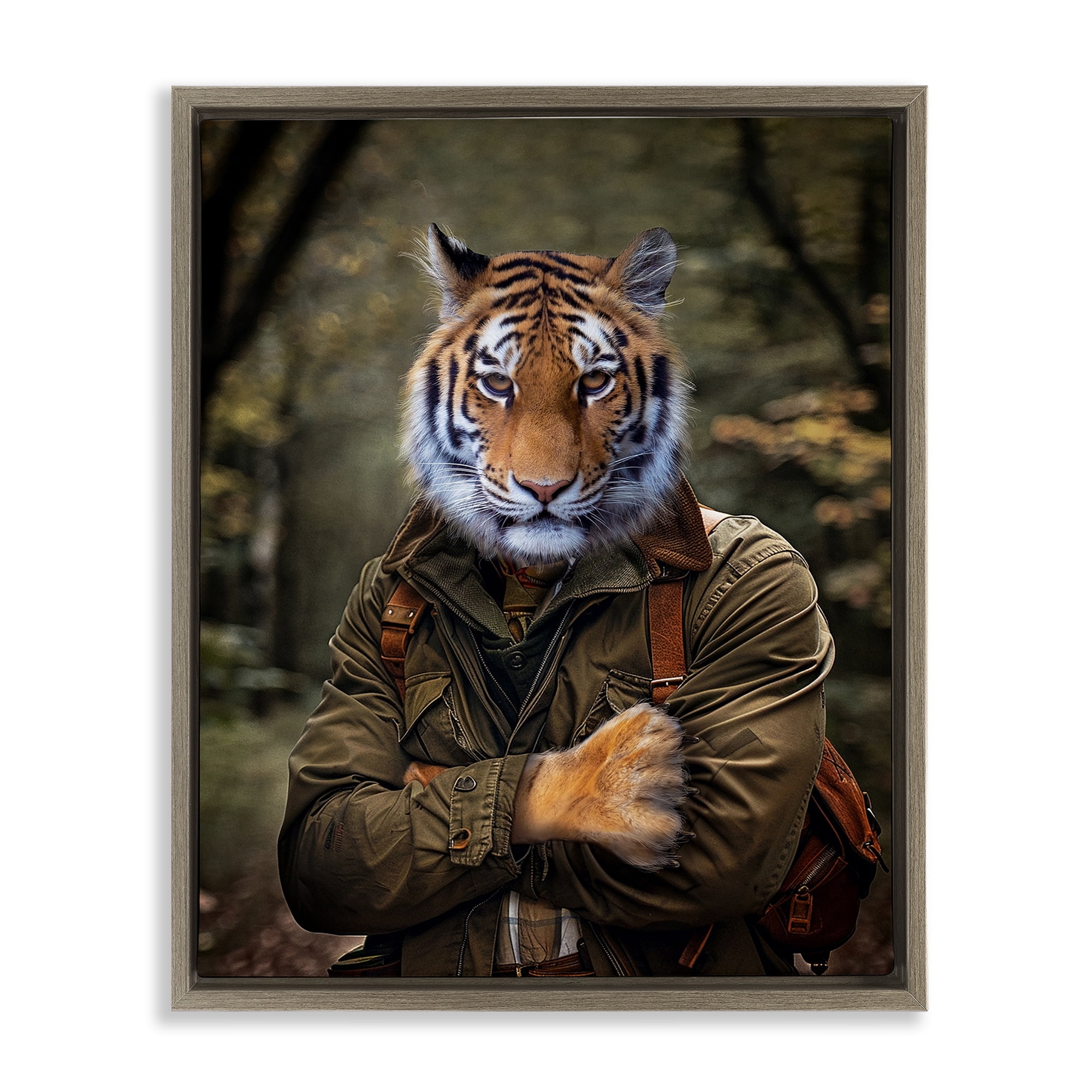 Stupell Industries Tiger in Hiking Attire Animals & Insects Painting Brown Floater Framed Canvas Art Print Wall Art, 25 x 31