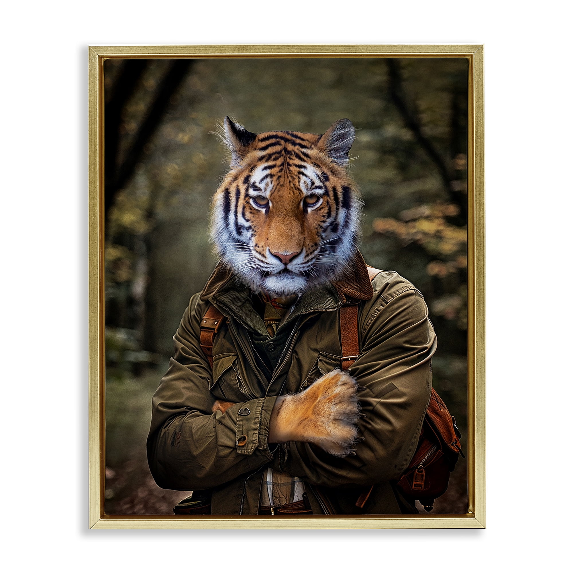 Stupell Industries Tiger in Hiking Attire Animals & Insects Painting Gold Floater Framed Canvas Art Print Wall Art, 25 x 31