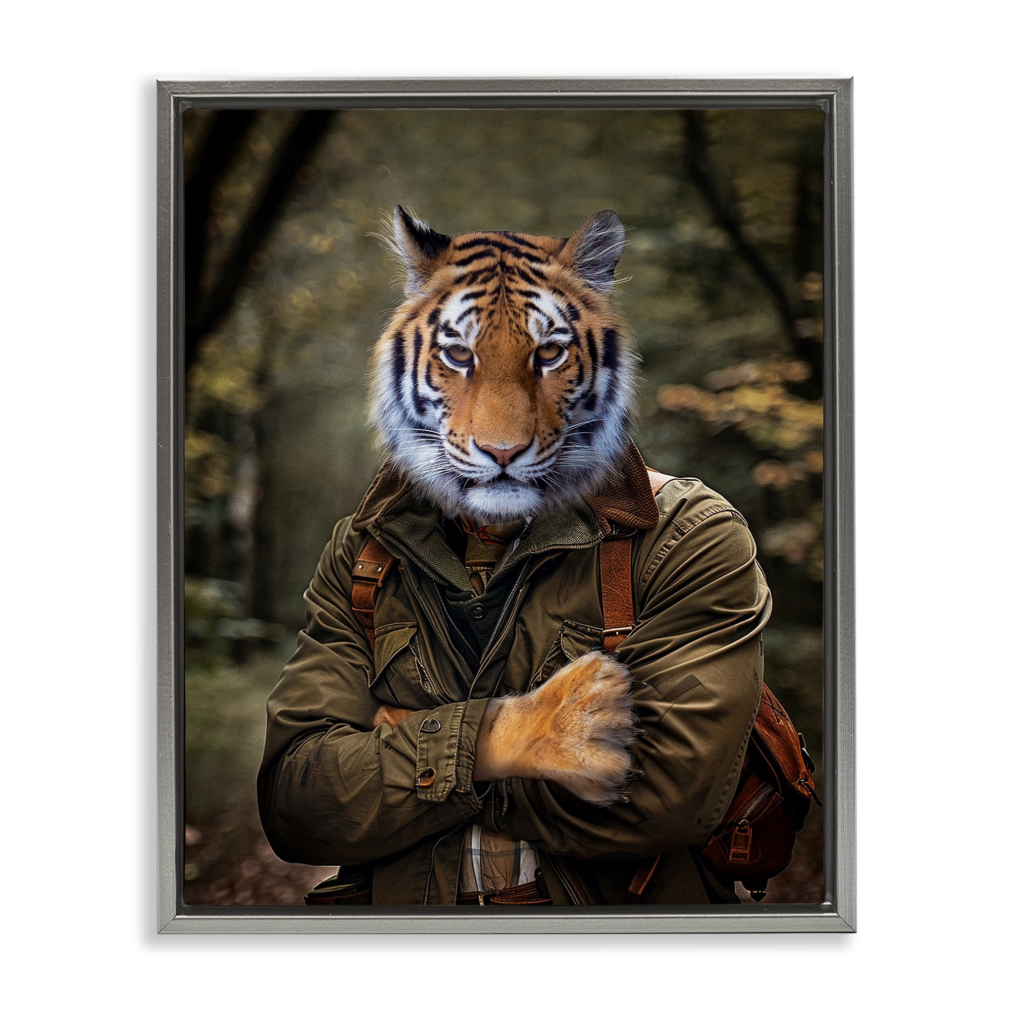 Stupell Industries Tiger in Hiking Attire Animals & Insects Painting Gray Floater Framed Canvas Art Print Wall Art, 17 x 21