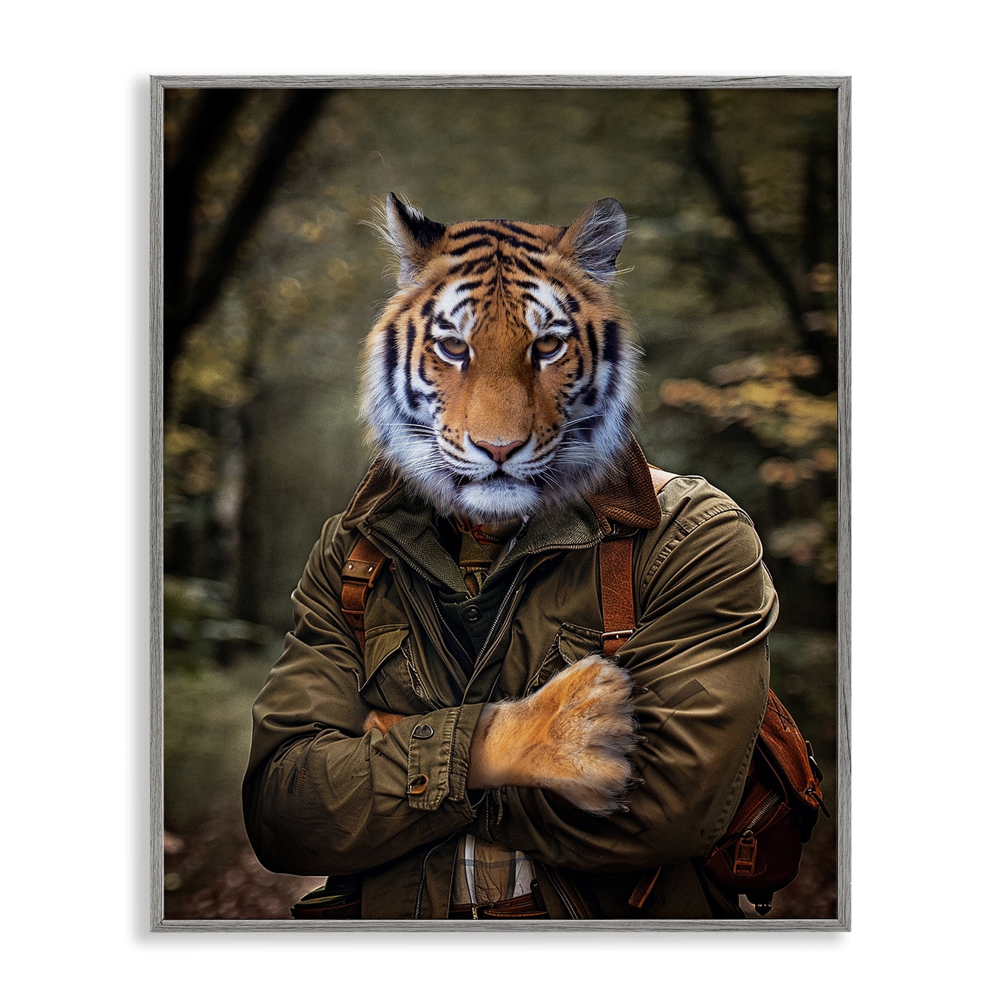 Stupell Industries Tiger in Hiking Attire Animals & Insects Painting Gray Framed Art Print Wall Art, 11 x 14