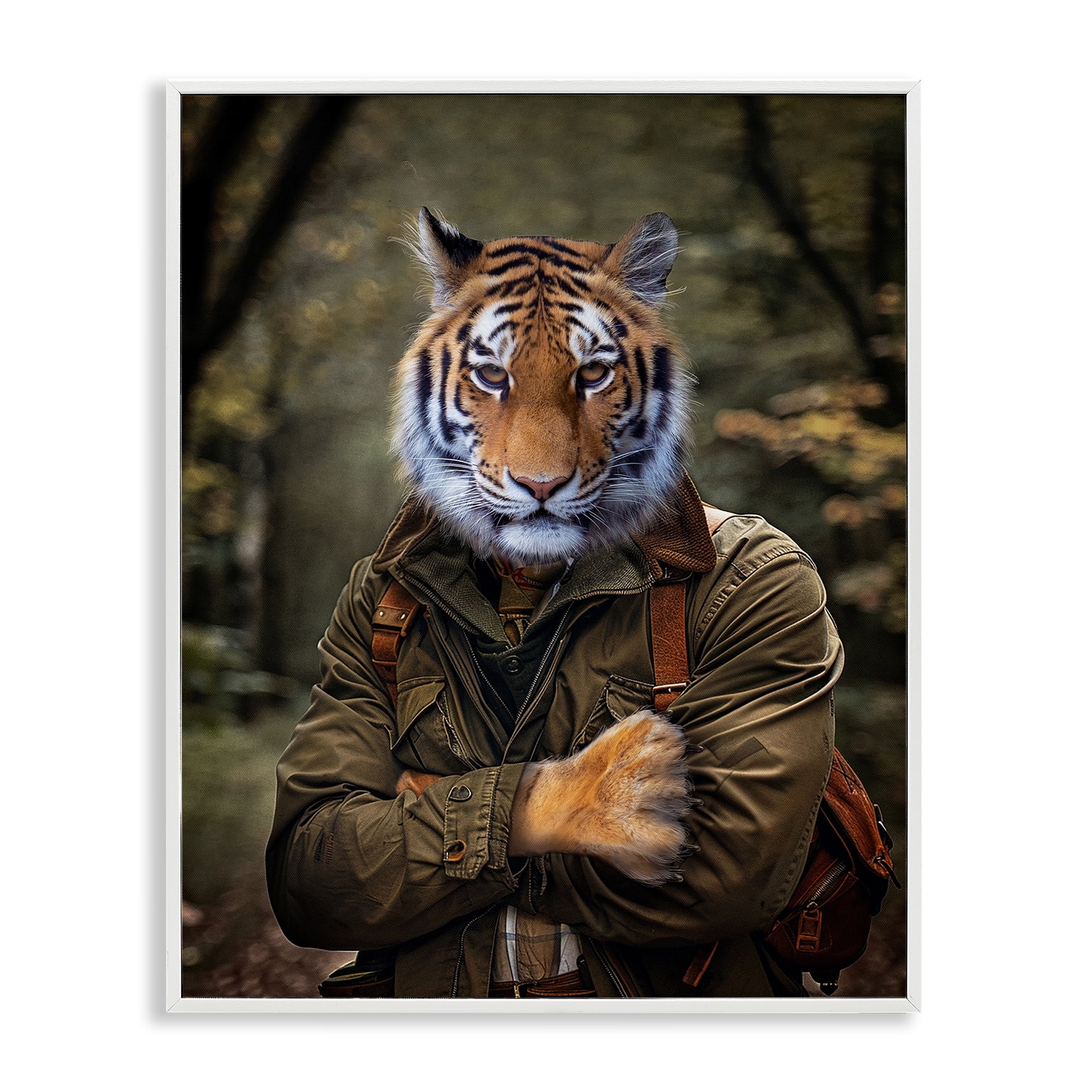 Stupell Industries Tiger in Hiking Attire Animals & Insects Painting White Framed Art Print Wall Art, 24 x 30