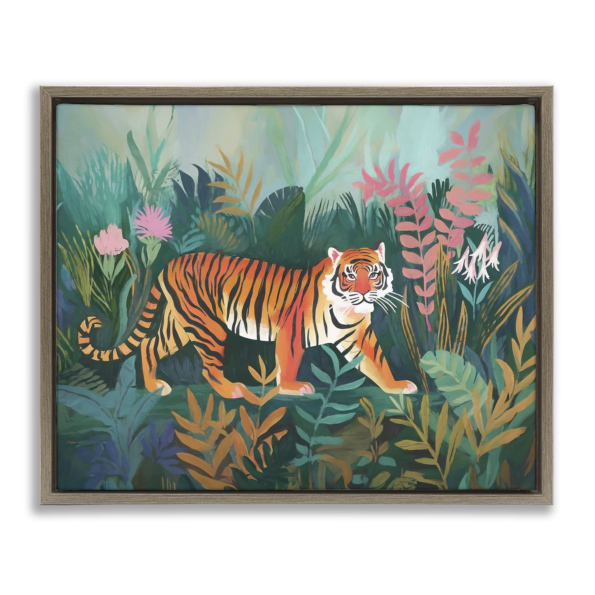 Stupell Industries Tiger in Jungle Leaves Animals & Insects Painting Brown Floater Framed Canvas Art Print Wall Art, 21 x 17
