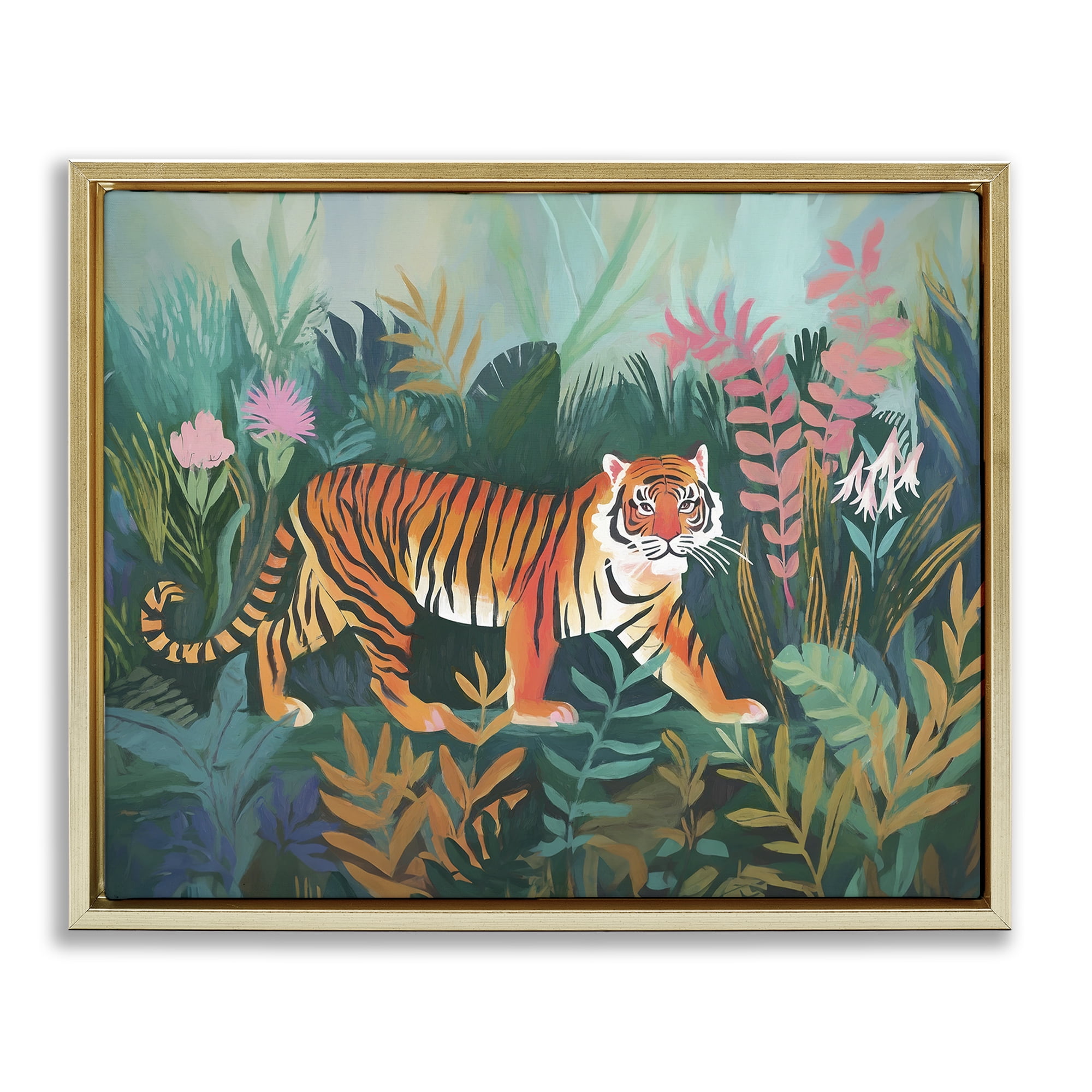 Stupell Industries Tiger in Jungle Leaves Animals & Insects Painting Gold Floater Framed Canvas Art Print Wall Art, 21 x 17
