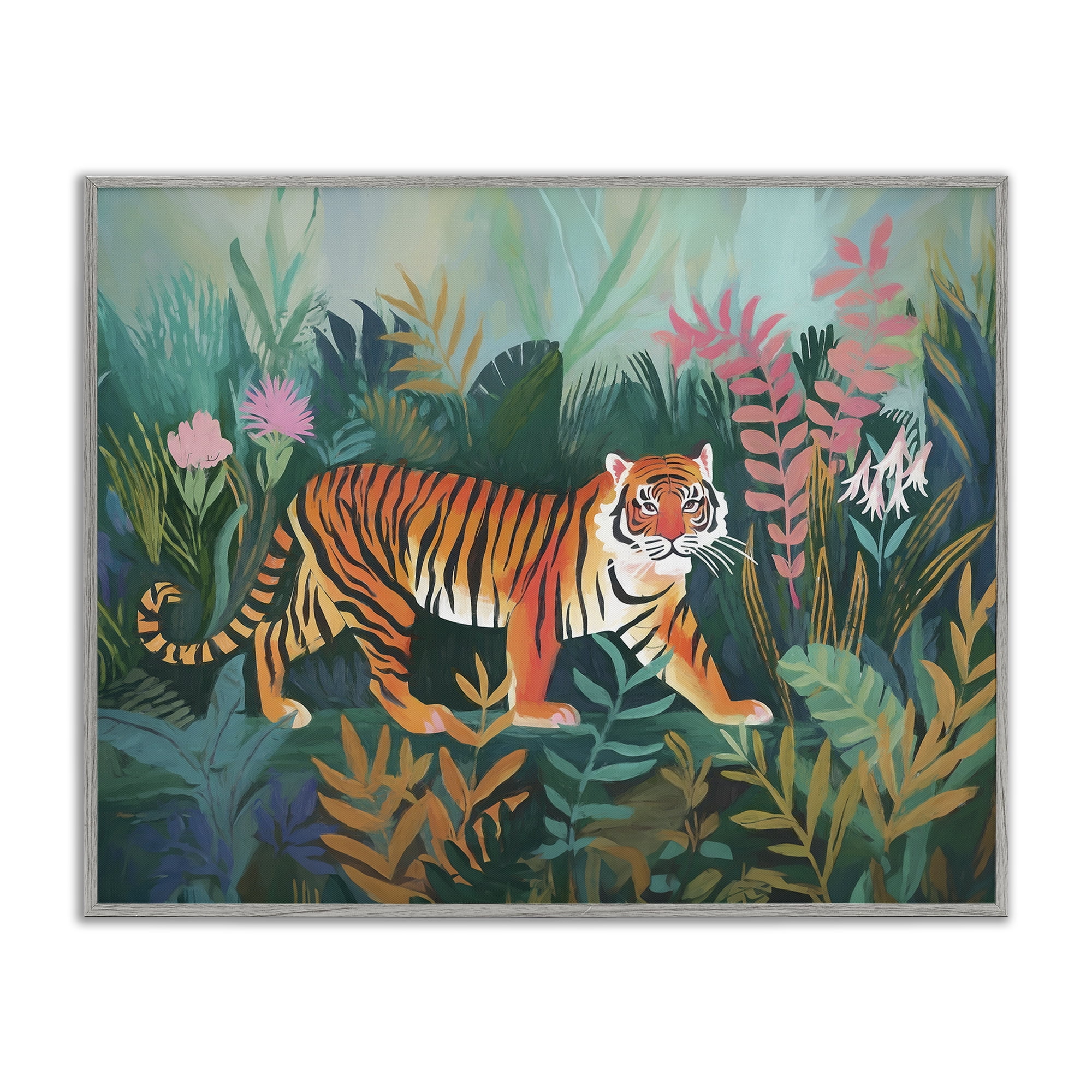 Stupell Industries Tiger in Jungle Leaves Animals & Insects Painting Gray Framed Art Print Wall Art, 14 x 11