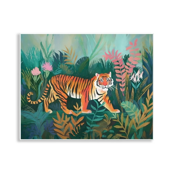 Stupell Industries Tiger in Jungle Leaves Animals & Insects Painting Unframed Art Print Wall Art, 14 x 11