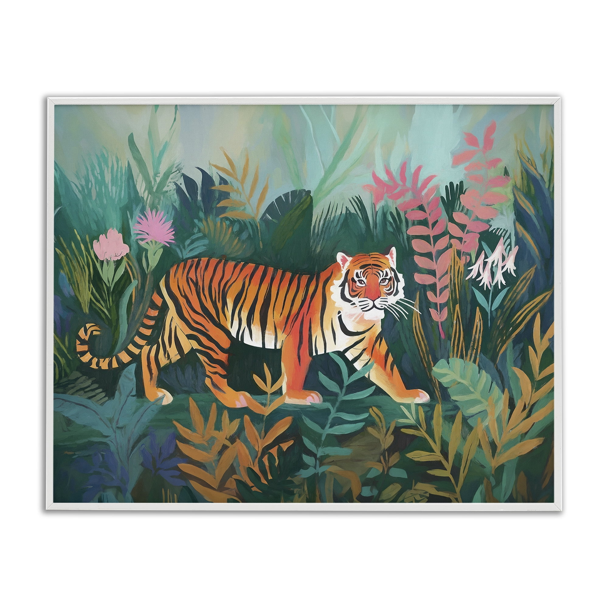 Stupell Industries Tiger in Jungle Leaves Animals & Insects Painting White Framed Art Print Wall Art, 14 x 11
