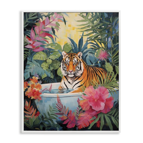 Stupell Industries Tiger in Luxurious Bath Animals Painting White Framed Art Print Wall Art, 11 x 14