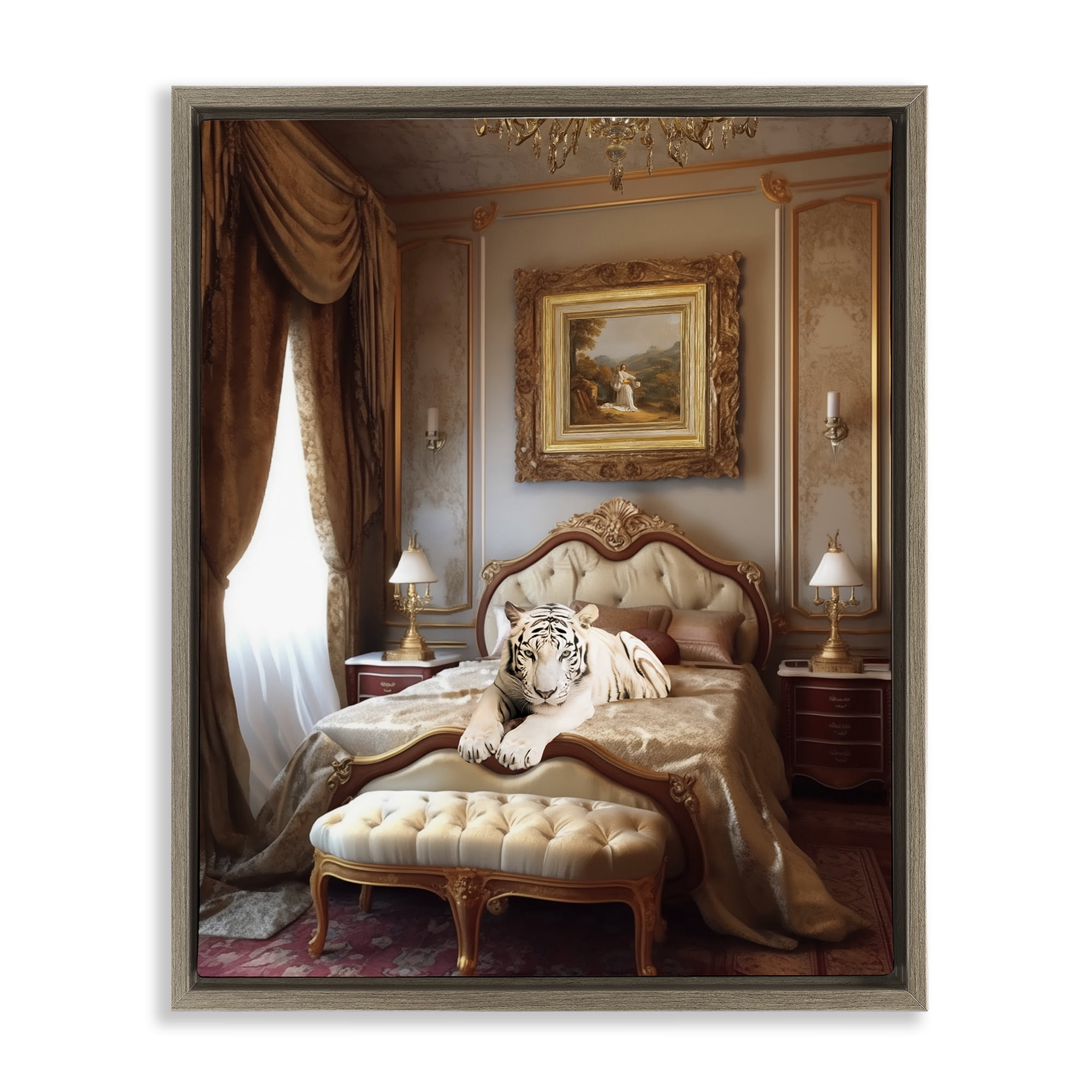 Stupell Industries Tiger in Regal Room Animals Painting Brown Floater Framed Canvas Art Print Wall Art, 25 x 31