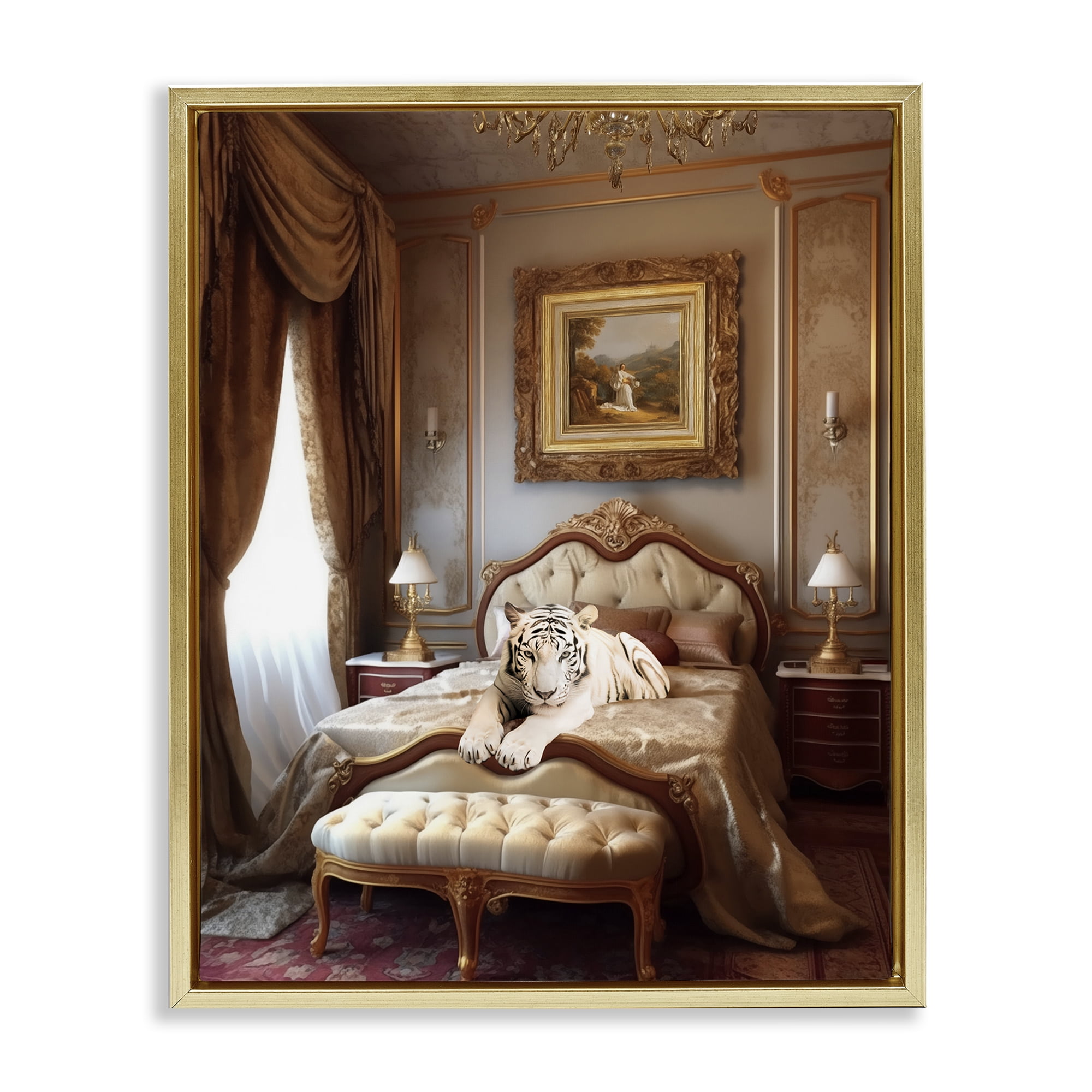 Stupell Industries Tiger in Regal Room Animals Painting Gold Floater Framed Canvas Art Print Wall Art, 25 x 31