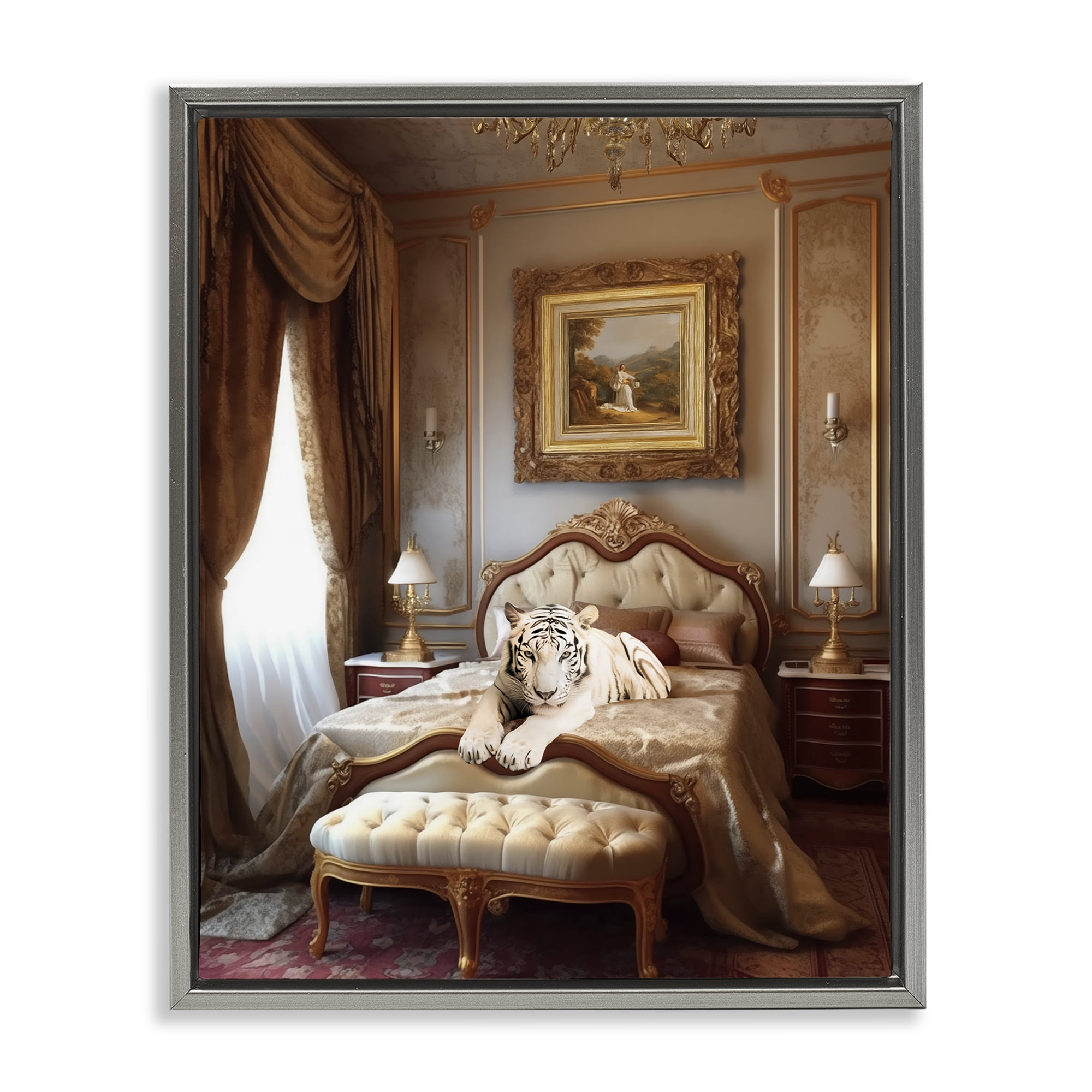 Stupell Industries Tiger in Regal Room Animals Painting Gray Floater Framed Canvas Art Print Wall Art, 25 x 31